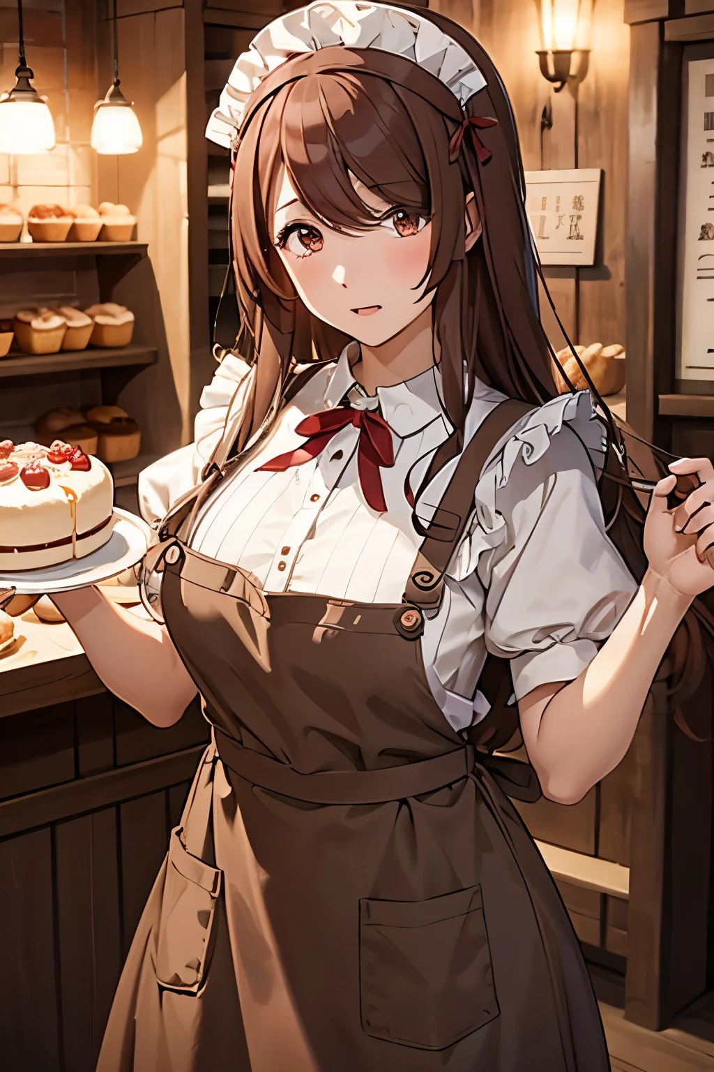 girl、Light brown long hair、Red eyes、Big and ample breasts、apron、Headdress、Embarrassed、Bakeries in Medieval Europe、Cinematic lighting、High resolution、High-level image quality、solo、