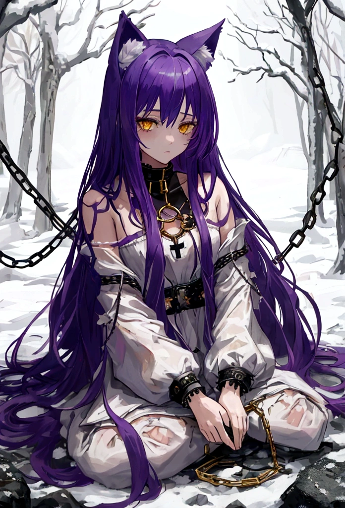 1girl, wof-girl, purple hair, long hair, wolf ears, ((chained)), white dress, outdoor, stone, rock, white skin, golden eyes, sadness expression, ((tattered clothes)), yellow eyes, sit down, winter forest, winter, snow