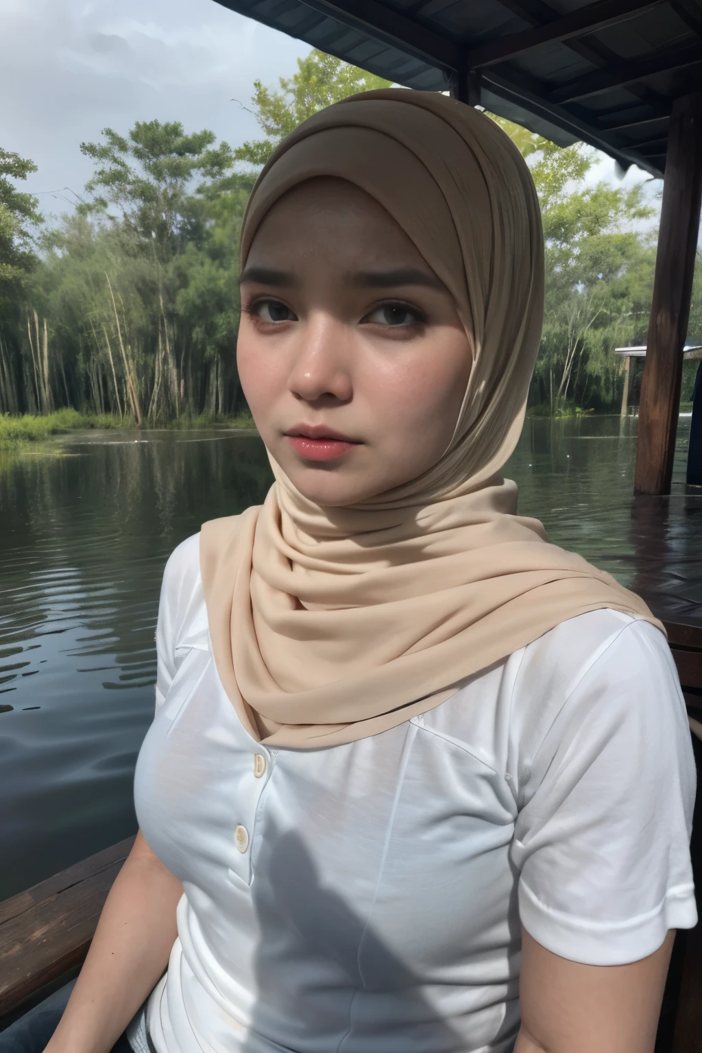 ((Chubby:1.3)), ((HIJAB)), WEARING STRAPLESS PATTERN FLORAL BRA, (Best Quality, hight resolution, Realistic:1.37), Detailed face and expression, The Frightened Woman, pixie cut, sickly, Worn-out appearance, Swamp environment, standingn, Seductively drowning in a swamp, Distressed flared satin, cloudy water, Sinking Feeling, gloomy atmosphere, Foggy surroundings, dark shadows, A Surreal Touch, soft-lighting, creepy ambiance, can't cope with shame