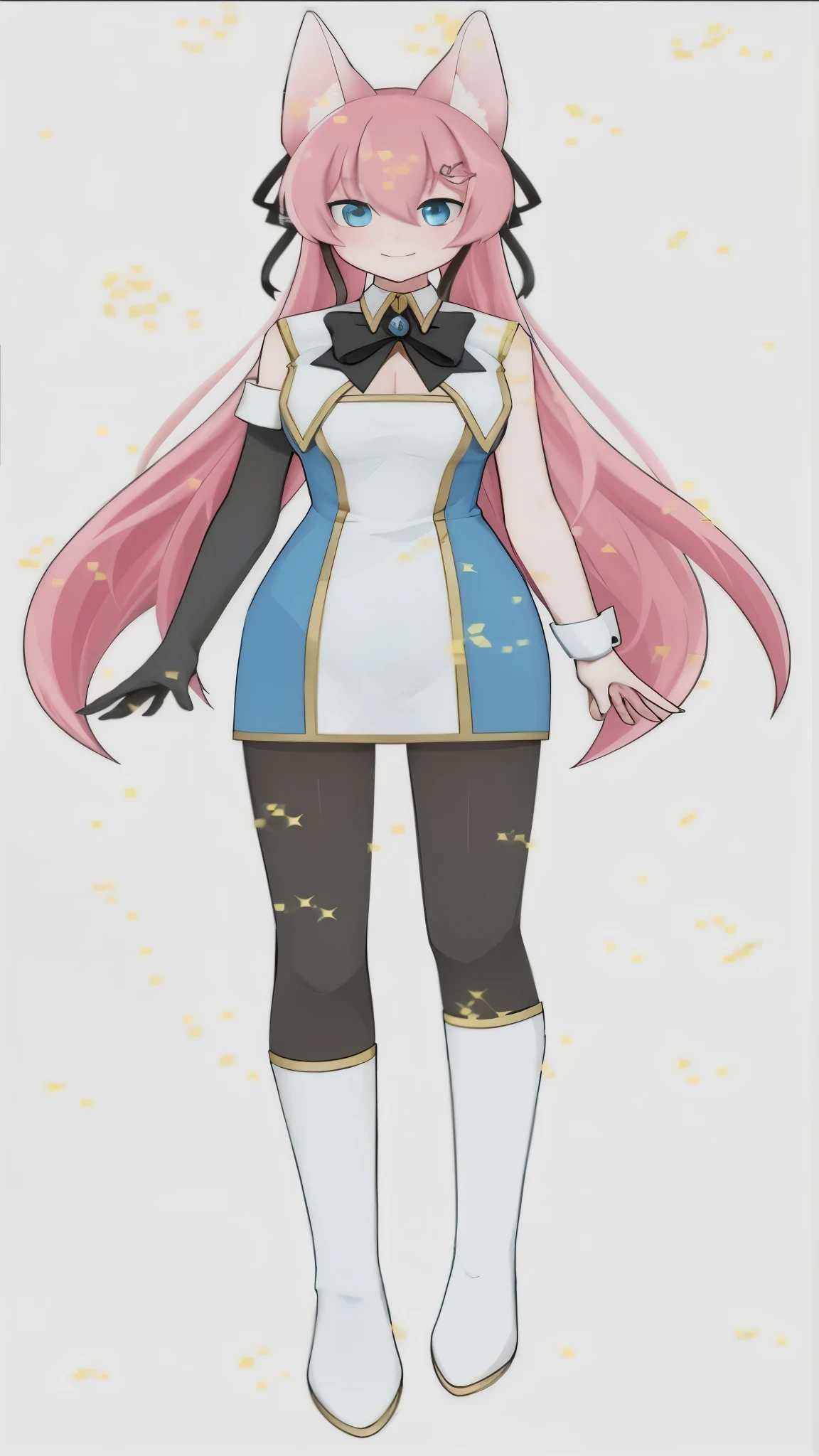 Pink bat ears,Long pink hair from back to butt,,Wearing a long black glove on the right hand,Left hand white wrist cover,black trousers,Black bow on chest with sapphire in the middle,White boots,The shoe collar and sole are gold,blue anime eyes,Smile,White in the middle of clothes,Clothes left and right royal blue,Clothes covering the chest,Wear sleeveless,Standing upright,Perfect Curve,The two small inverted triangles on the collar are white in the middle and have a gold frame.,The white and royal blue clothes in the middle are separated by a gold frame,There is a gold frame on the top and bottom of the clothes,The two inverted triangles on the shoulders have a white gold frame in the middle.,Expose mid-bust triangle,A little rectangular blush on the face,There is a white wrist sleeve attached to the right hand,Bat ears look furry inside,There are eaten small white fish and intact small white fish on the left eye.,Pupil blue,The nose is a point,Two small black ribbons hang from the left and right cheeks to the collar,Two black ribbons that look like lightning and are slightly shorter than the ribbons hanging on the cheeks are hung on the left and right sides of the head.,The short pink hair is slightly parted in front,Leg length,Short hair in the middle and longer hair,Clothes to buttocks,The hands are a little shorter than the clothes,Hands down to sign five,A little like grabbing something,Turn heads