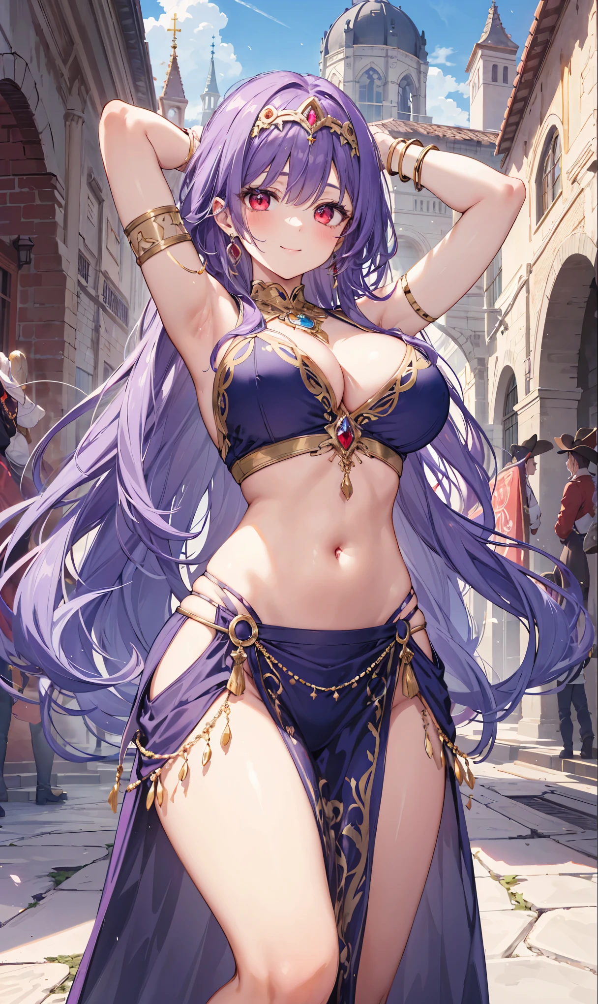 high quality, ultra detailed, best quality, insanely detailed, beautiful, masterpiece, 1girl, medieval plaza, cowboy shot, red eyes, long hair, purple hair, belly dancer, circlet, earrings, armlets, bracelets, bashful smile, large breasts, cleavage, soft stomach