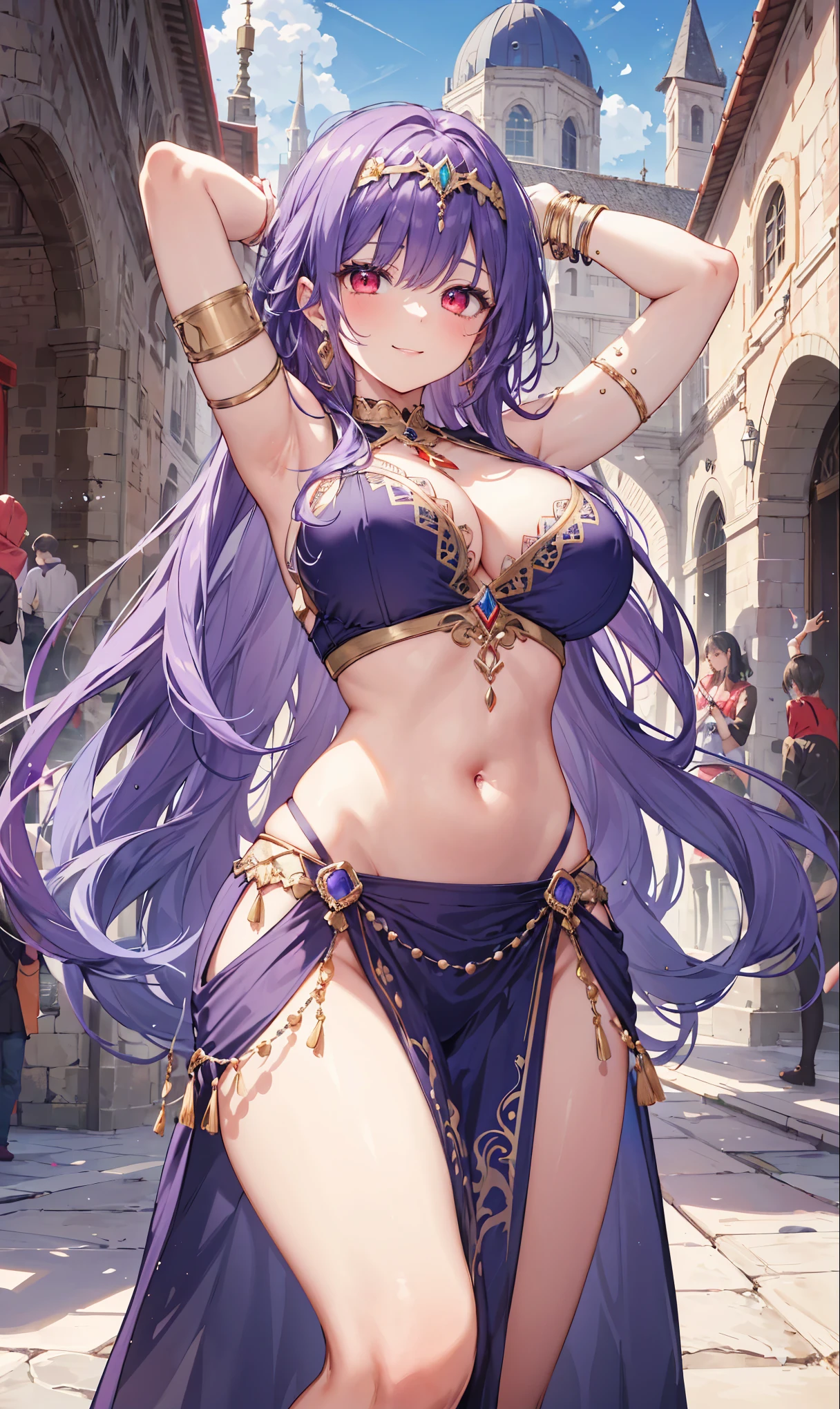 high quality, ultra detailed, best quality, insanely detailed, beautiful, masterpiece, 1girl, medieval plaza, cowboy shot, red eyes, long hair, purple hair, belly dancer, circlet, earrings, armlets, bracelets, bashful smile, large breasts, cleavage, soft stomach