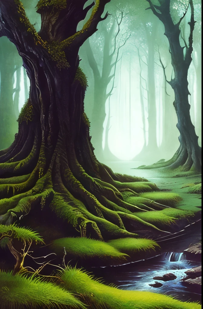 there are two birds that are sitting on a tree, dark fantasy art, dark fantasy mixed with realism, dark fantasy forest, by John Howe, fantasy dark art, painting by john howe, concept art of a dark forest, dark fantasy setting, creepy forest, # mist # horror # magic # spell, southern gothic art, of an evil tree wizard, creepy!!