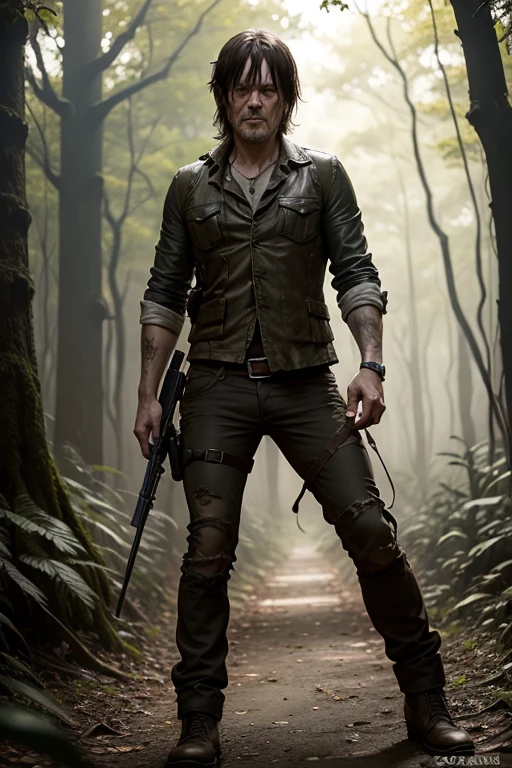 daryl dixon en el bosque matando un zombie 