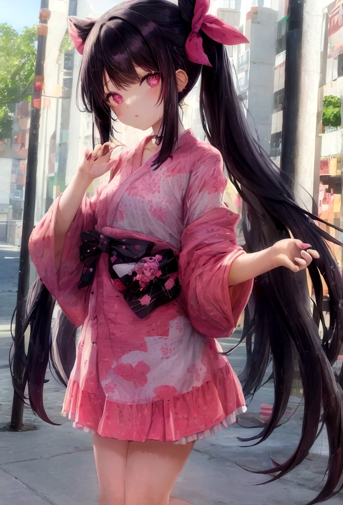 una chica anime de ojos rojos, black hair with pink highlights with small hair bow with small blue and yellow cubes decoration on the bow, en el lado derecho de la cabeza. Ella viste un kimono de color rosa. Camina en un festival de verano con ellos