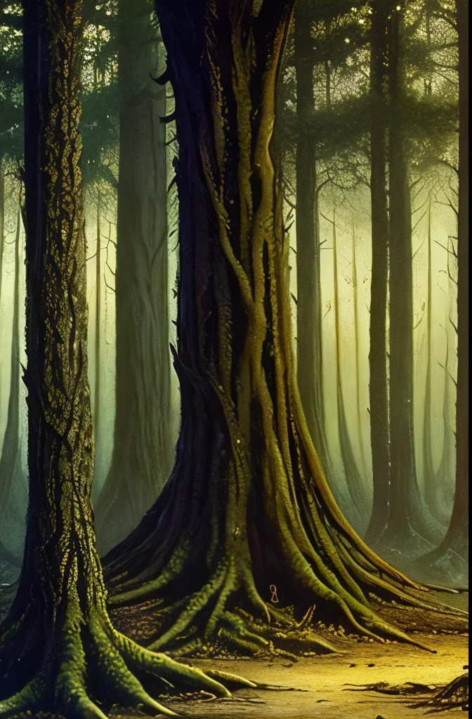 there are two birds that are sitting on a tree, dark fantasy art, dark fantasy mixed with realism, dark fantasy forest, by John Howe, fantasy dark art, painting by john howe, concept art of a dark forest, dark fantasy setting, creepy forest, # mist # horror # magic # spell, southern gothic art, of an evil tree wizard, creepy!!