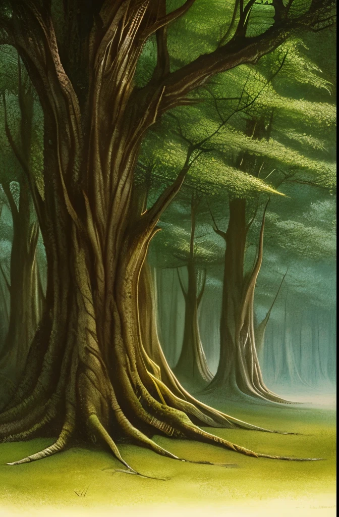 there are two birds that are sitting on a tree, dark fantasy art, dark fantasy mixed with realism, dark fantasy forest, by John Howe, fantasy dark art, painting by john howe, concept art of a dark forest, dark fantasy setting, creepy forest, # mist # horror # magic # spell, southern gothic art, of an evil tree wizard, creepy!!