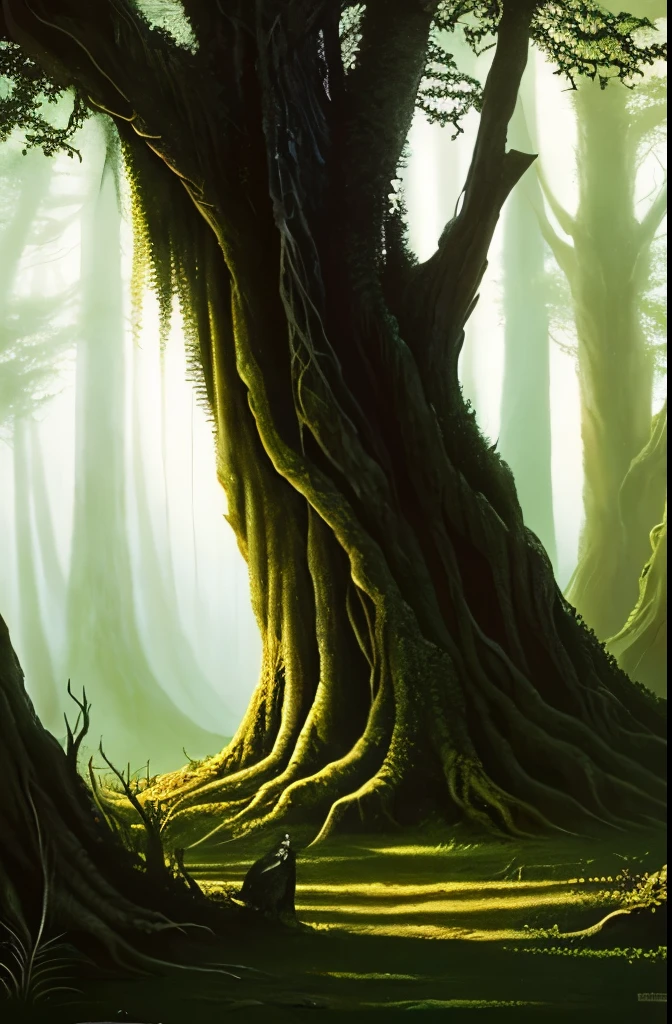 there are two birds that are sitting on a tree, dark fantasy art, dark fantasy mixed with realism, dark fantasy forest, by John Howe, fantasy dark art, painting by john howe, concept art of a dark forest, dark fantasy setting, creepy forest, # mist # horror # magic # spell, southern gothic art, of an evil tree wizard, creepy!!