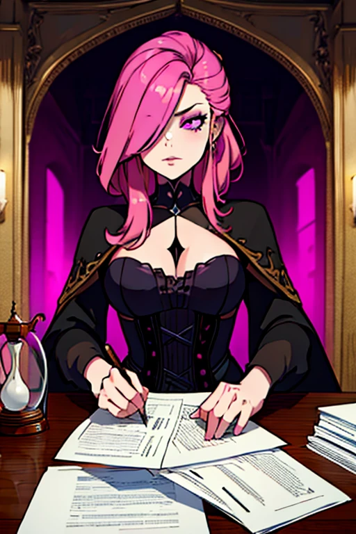 A pink haired female reaper with violet eyes and an hourglass figure in gothic ballgown is reading an old piece of paper in a creepy castle