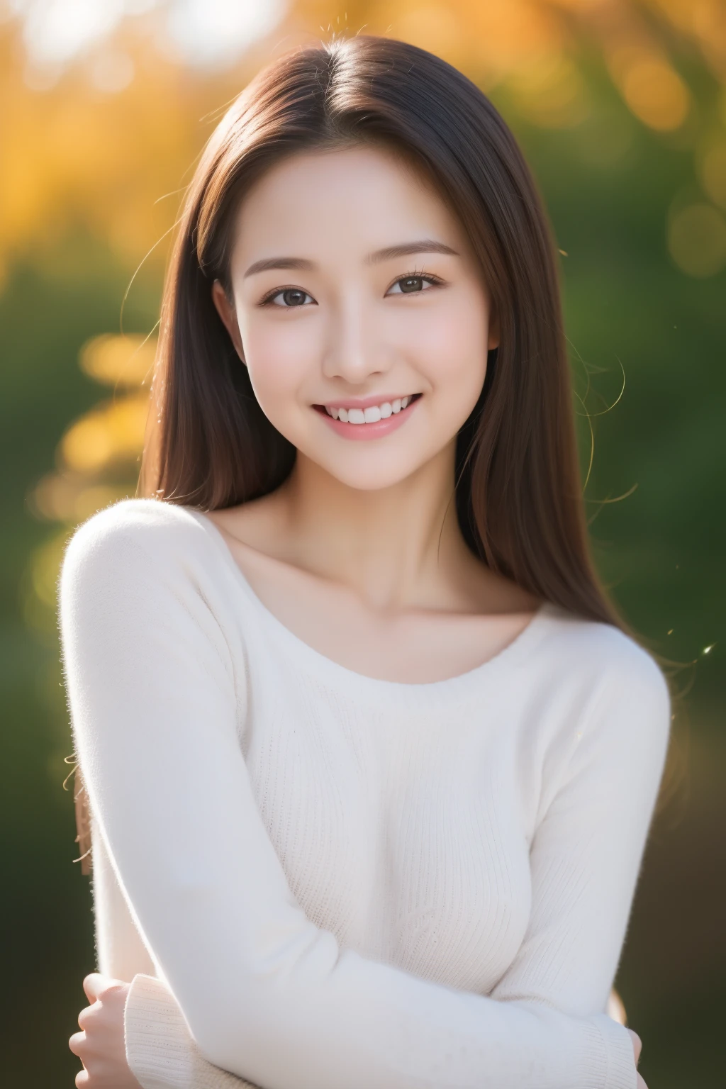 nice smile seeing this、One pretty woman、Bold poses、a smile、17 year old girl、Cute、The upper part of the body、
Under the Autumn Sky、Colorful color sweateredium hair、、Natural Color Lip、fair white skin、(masterpiece、16k image、high-level image quality、top-quality)、(Beautiful Realistic Asians),solo、1girl in、(perfect anatomia,Beautiful limbs、Healthy body、Beautiful skin)、Sunnyday、A dark-haired、、Black eye、、small tit:1.5、、(Thermal gaze)、artistic.、Beautuful Women、Beauty Body、ssmile、Professional、
