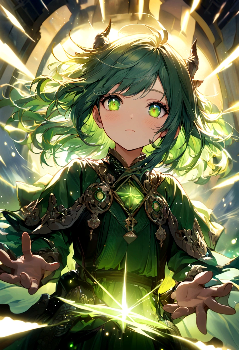 extremely detailed CG unity 16k wallpaper:1.1), (Denoising strength: 1.45), (tmasterpiece:1.37), (ultra-detailed), ((an extremely delicate and beautiful)), (short green hair), (dynamic angle), dragon horn on head, china, 1girl, (beautiful detailed eyes), cute green eyes, green pupil, detailed face, upper body, messy floating hair, disheveled hair, focus, perfect hands, (illustration), god rays, sparkle, glowing light, ((masterpiece)), ((best quality))