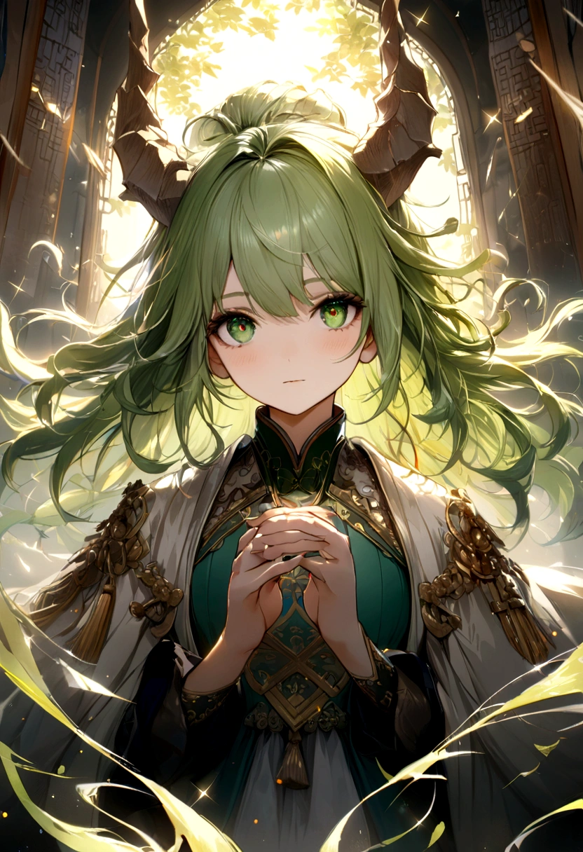 extremely detailed CG unity 16k wallpaper:1.1), (Denoising strength: 1.45), (tmasterpiece:1.37), (ultra-detailed), ((an extremely delicate and beautiful)), (short green hair), (dynamic angle), dragon horn on head, china, 1girl, (beautiful detailed eyes), cute green eyes, green pupil, detailed face, upper body, messy floating hair, disheveled hair, focus, perfect hands, (illustration), god rays, sparkle, glowing light, ((masterpiece)), ((best quality))