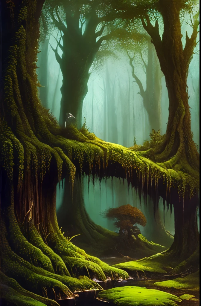there are two birds that are sitting on a tree, dark fantasy art, dark fantasy mixed with realism, dark fantasy forest, by John Howe, fantasy dark art, painting by john howe, concept art of a dark forest, dark fantasy setting, creepy forest, # mist # horror # magic # spell, southern gothic art, of an evil tree wizard, creepy!!