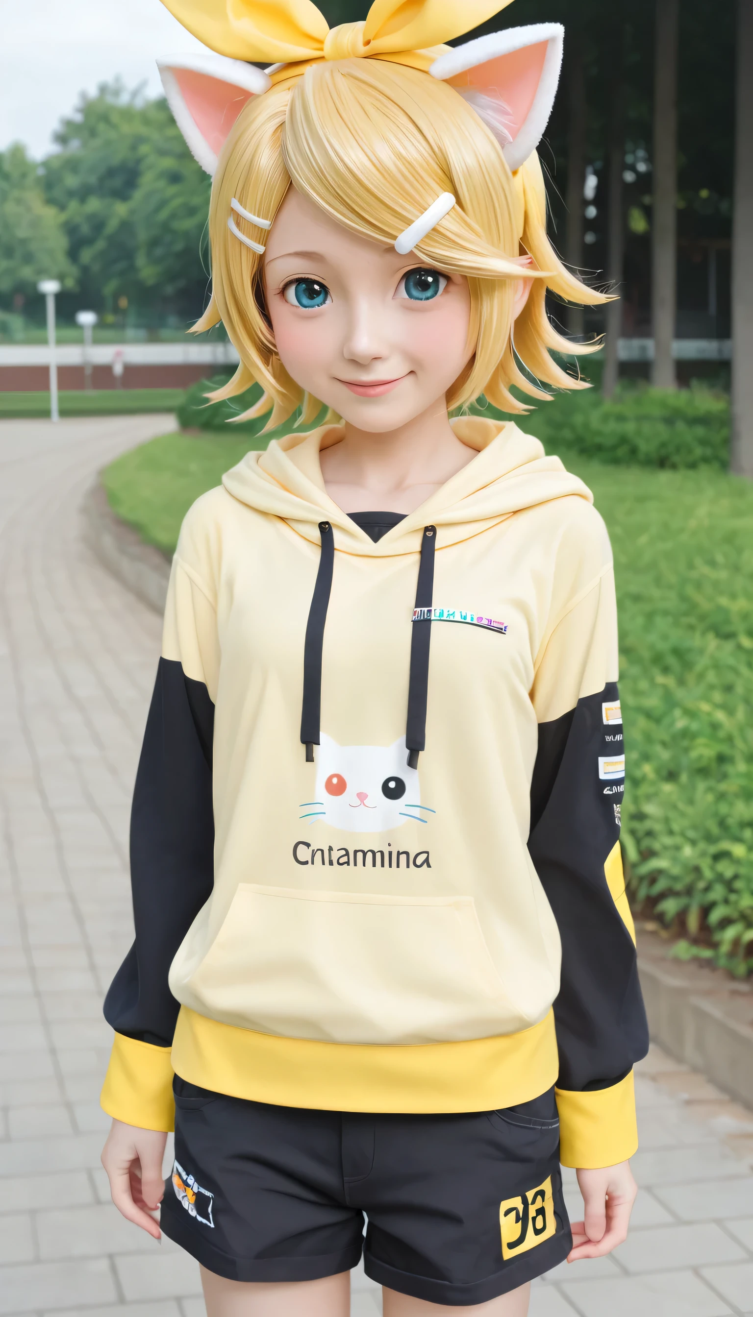 (masterpiece), (highest quality), (illustration), (super detailed), (high resolution), absurdity, one girl, (kagamine-rin), (vocaloid), smile, short hair, hair clip, (hoodie with cat ears), wearing a hoodie hat, moe sleeves, blush, black shorts, (blonde), (tattoo of the number 02 on the left arm), very cute girl, small, young, delicate, Outdoors, attention to girls