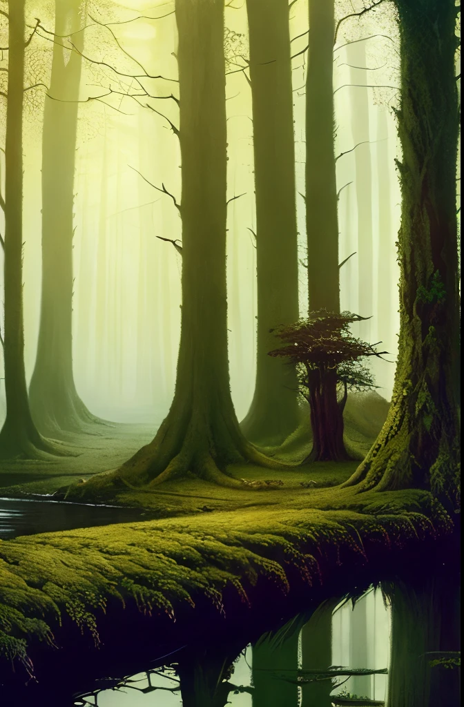 there are two birds that are sitting on a tree, dark fantasy art, dark fantasy mixed with realism, dark fantasy forest, by John Howe, fantasy dark art, painting by john howe, concept art of a dark forest, dark fantasy setting, creepy forest, # mist # horror # magic # spell, southern gothic art, of an evil tree wizard, creepy!!