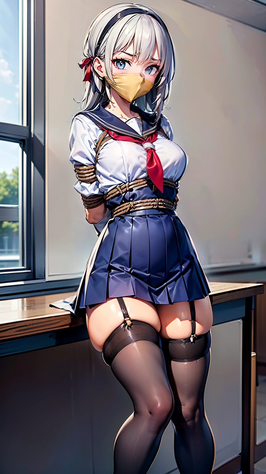 (Highly detailed CG unity 8k), (highest quality)，(very detailed)，(ultra high resolution), 1 female, (white cloth gag:1.3), sailor uniform, rope bondage, breasts rope bondage, hands back rope bondage, leg rope bondage, thigh rope bondage, (bust rope bondage:1.4), feet rope bondage, Arms behind the waist, bound wrists, shackles the ankles, (gag with a white cloth:1.3), Dark blue skirt, classroom, Legs together, Tie your ankles, Black Hair, long hair, high school girl, (Black Stockings:1.4), Black garter belt, Brown Loafers, (White hair band:1.4), Blur the background, Joschek's Rope Bondage, 