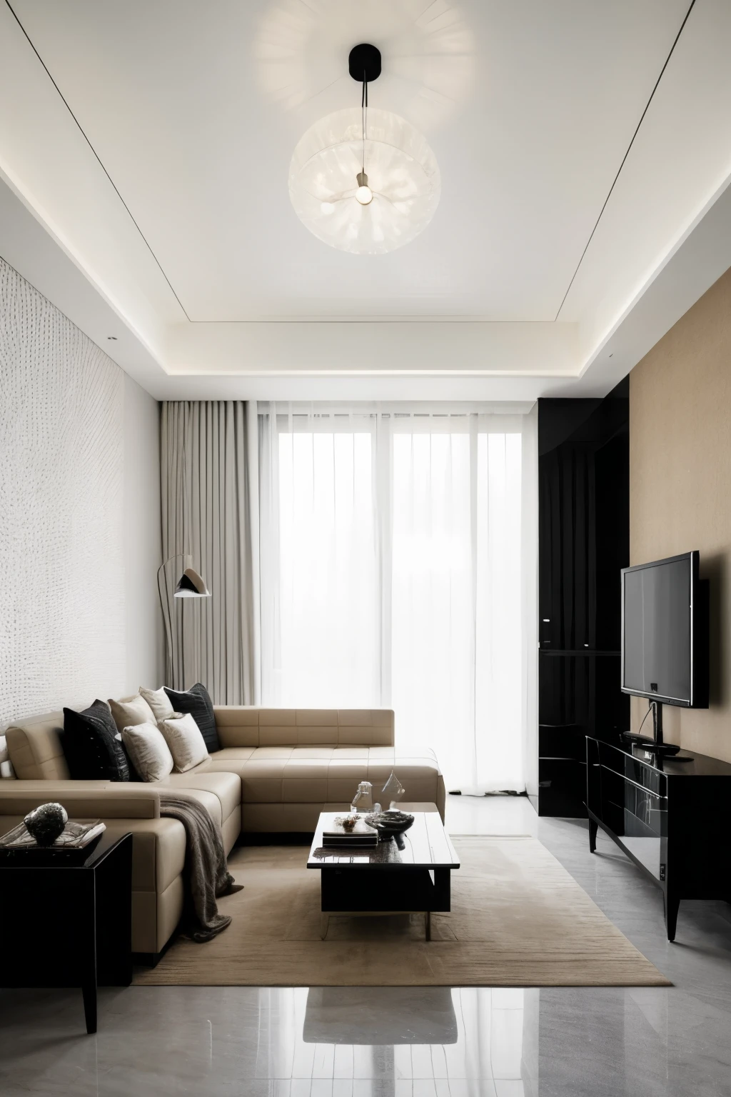 Hello, can you create an image of a room approximately 12 meters long and 40 meters long with white decorations and cream rattan accessories? ? os muebles debe ir en las paredes no en la ventana, la ventana es un balcon , debe haer comedor y sala en el mismo espacio, podemos tener un vista mas amplia
