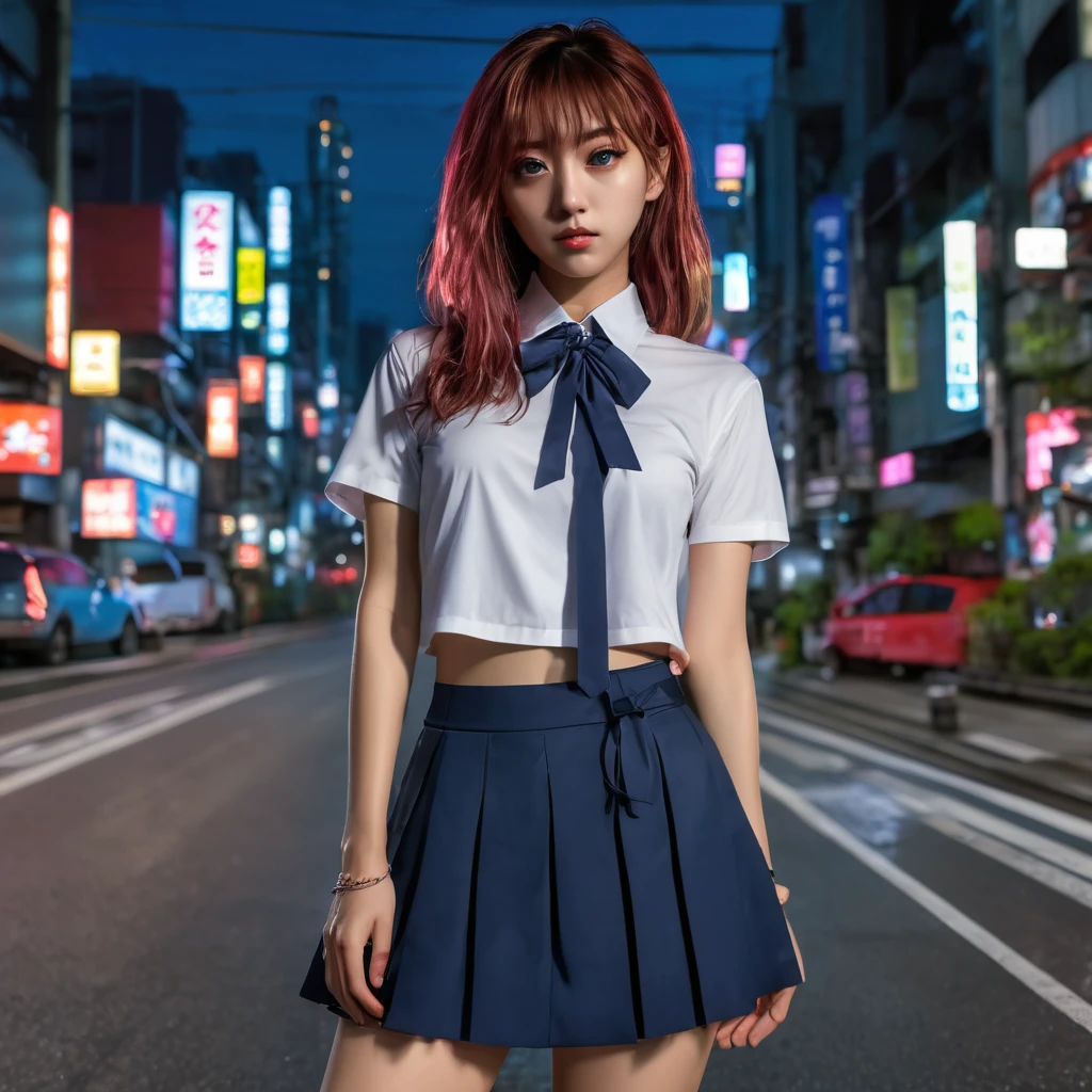 (8k, RAW photo, masterpiece:1.3), (realistic, photo-realistic:1.37), (night), (looking at viewer:1.331), (bloody hair), posing, Tokyo street, nightcityscape, cyberpunk city, soft light, topless girl, extremely beautiful face, bust, put down hands, Random hairstyle, Random expression, big eyes, lower abdomen, (short-sleeved .JK_shirt), JK_style, (dark blue short JK_skirt), (bow JK_tie), mix4., best quality