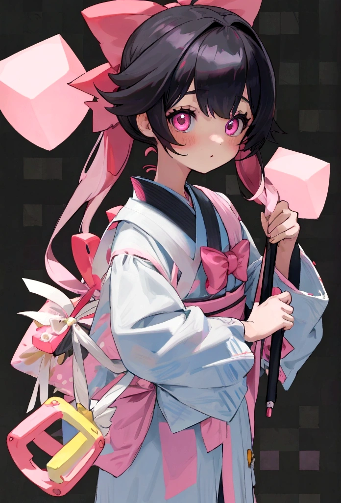 una chica anime de ojos rojos, black hair with pink highlights with small hair bow with small blue and yellow cubes decoration on the bow, en el lado derecho de la cabeza. Ella viste un kimono de color rosa. Camina en un festival de verano con ellos