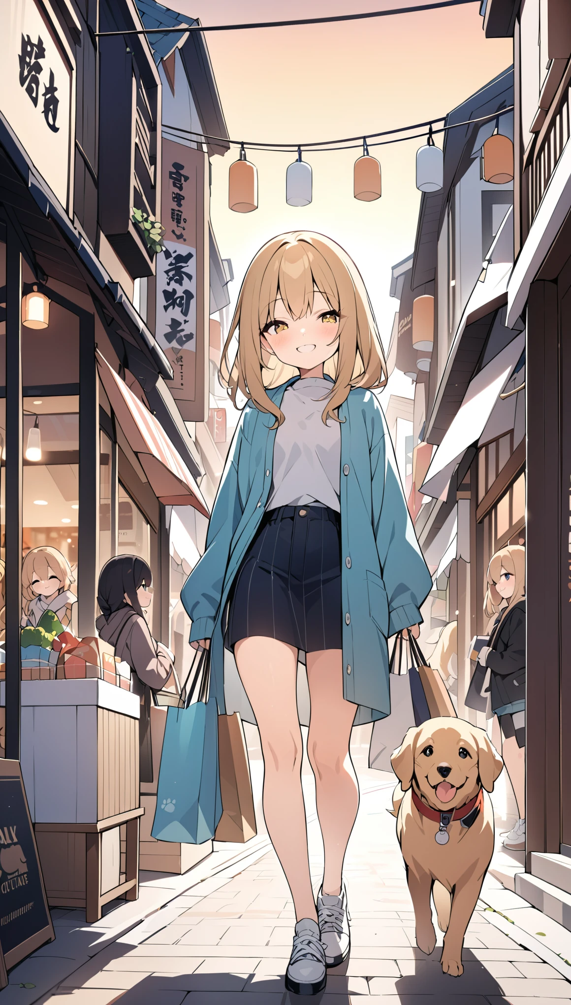 masterpiece:1.2,highest quality,A girl walking with a golden retriever,Shopping Street,purchase,Dusk covers the landscape,Cute girl,Cute dog,All smiles