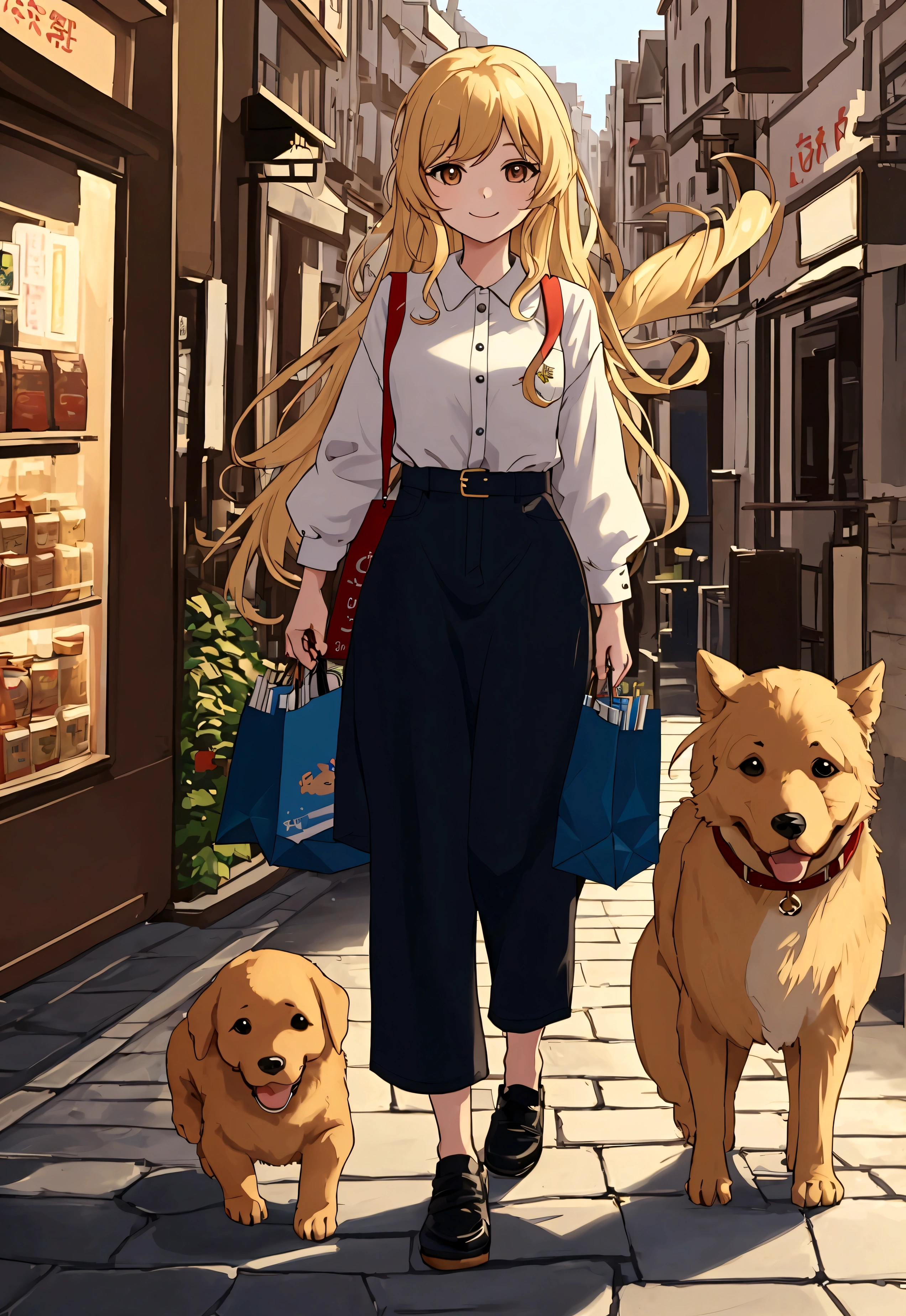 masterpiece:1.2,highest quality,A girl walking with a golden retriever,Shopping Street,purchase,Dusk covers the landscape,Cute girl,Cute dog,All smiles