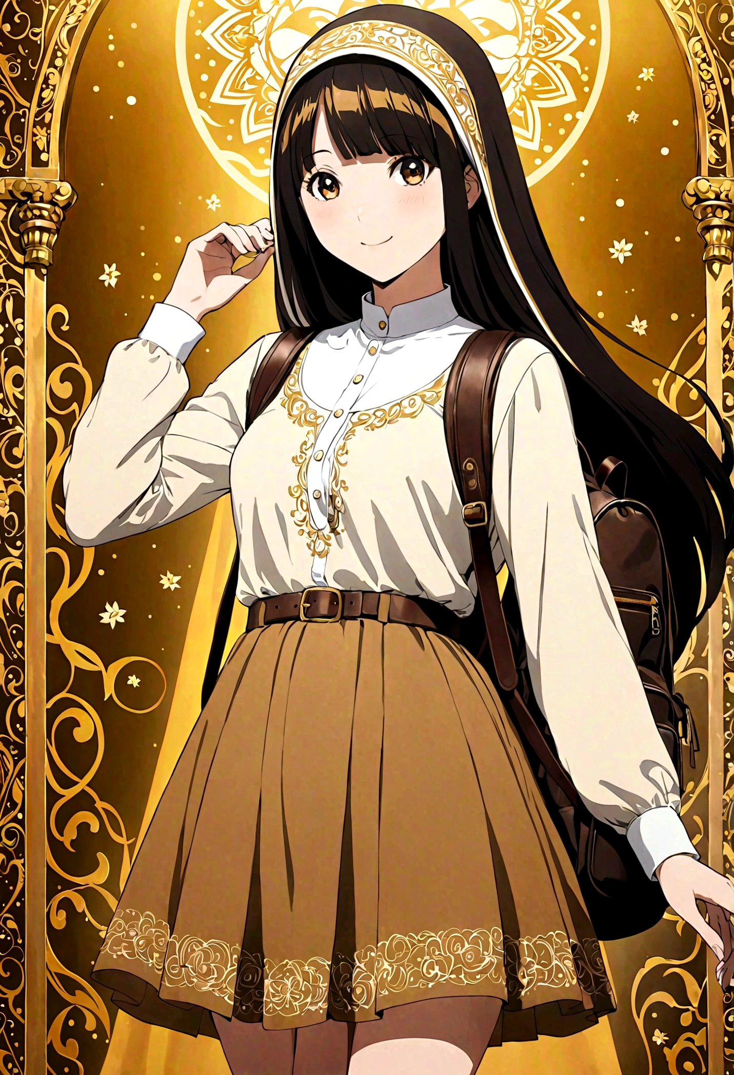 "Tall anime Girl, 20 years old, with long black hair down to her waist, golden eyes, and smile. She dresses in an antique style, She wears a brown skirt longer on one side than the other, large brown boots up to the knees with lots of ribbons, a backpack, a white blouse, and a hijab on her head. , She possesses golden powers and has a golden-themed background."