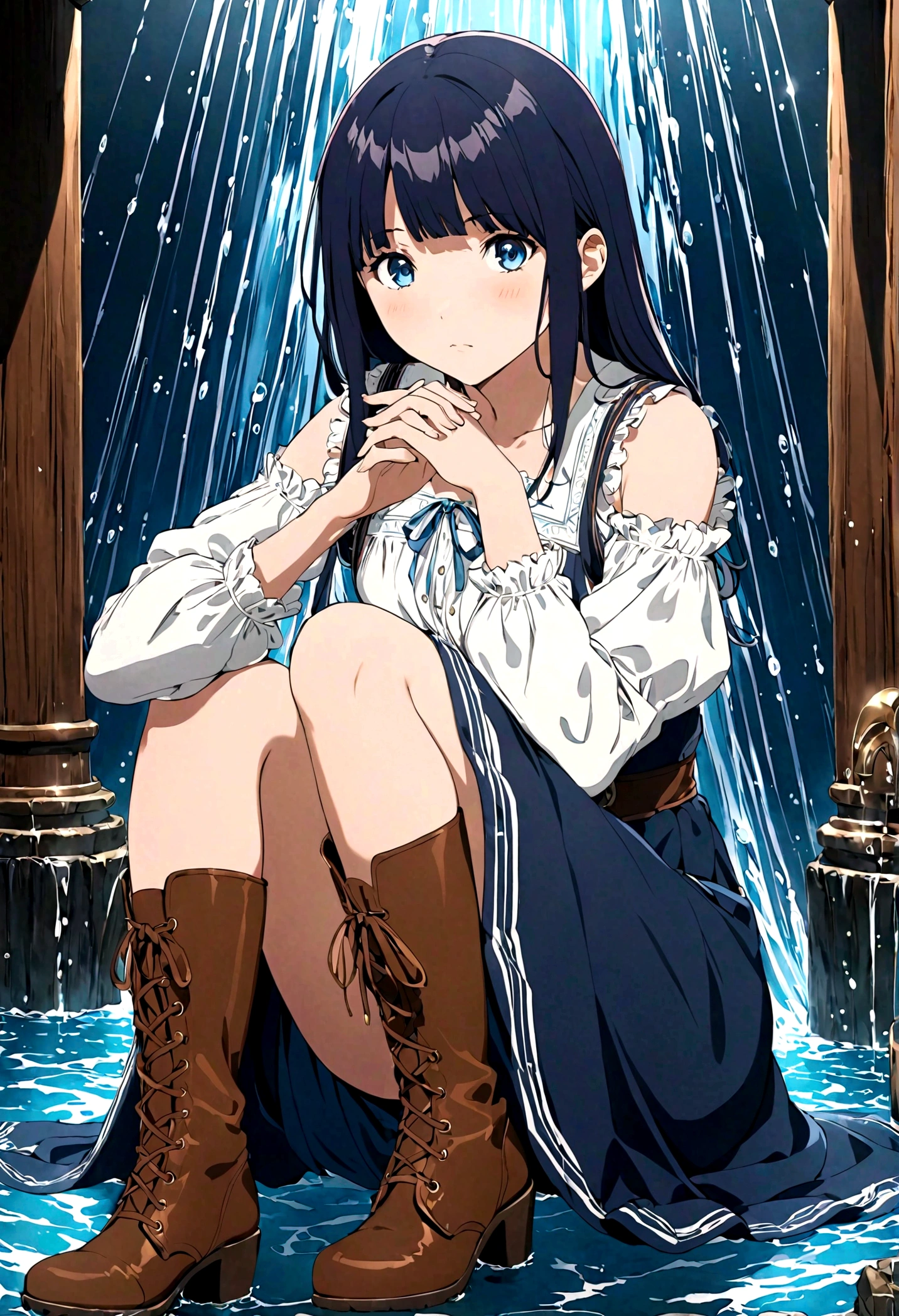 20 years old anime girl, with short dark blue hair to the shoulders, a serious yet tender expression, and bright light blue eyes. She dresses in an antique style, wearing a long dark blue skirt that reaches her knees, and small dark brown boots up to her ankles. Her white blouse is long-sleeved, covering her fingers slightly, and falls off one shoulder, leaving it exposed. She possesses water powers and has a water-themed background. 
