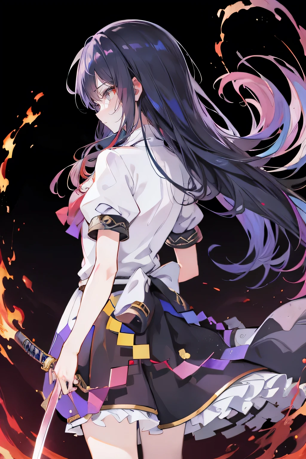 Anime girl holding a sword in the fire, Anime epic artwork, 4k Anime Wallpaper, Anime Art Wallpaper 4K, Anime Art Wallpaper 4K, Anime Wallpaper 4k, anime art wallpaper 8 k, Anime Wallpaper 4 k, Bad guy anime 8k, Anime Wallpaper, Anime Wallpaper, hd Anime Wallpaper, Anime style 4K, 4k comics wallpaper,1 Black Silk ,cold expression,back view，1 Black Silk 