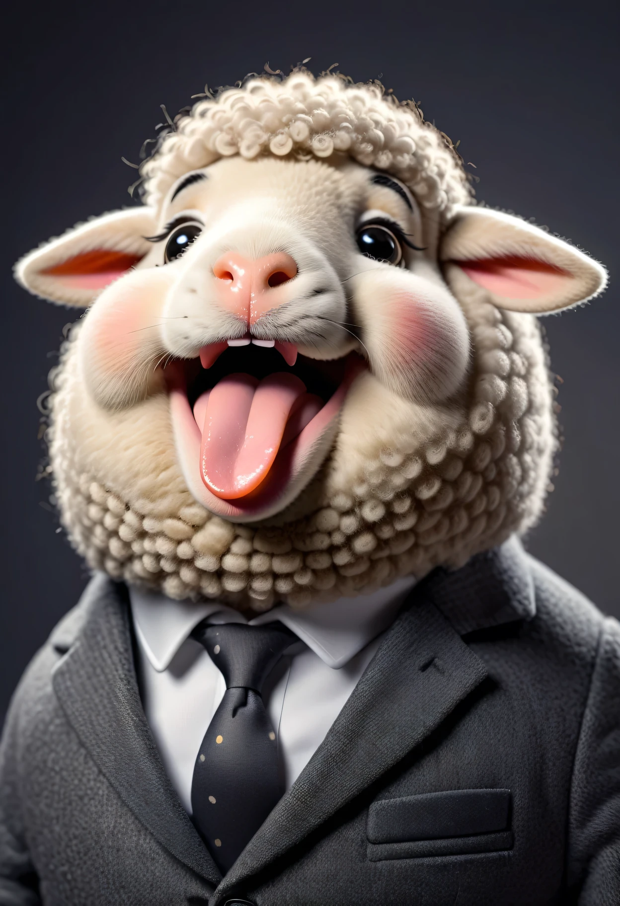 face close up photo of anthropomorphic [fat] cute sheep,(furry), dressed in a dark gray suit, (sticking out tongue:1.5),(happy smile:1.5),(Innocent), soft lighting, Cinematic, hdr, primitive, Intricate, High quality, smoothing tones, Intricate details, Low contrast,(viewed from side:2.0), (looking to the side:1.2), simple background