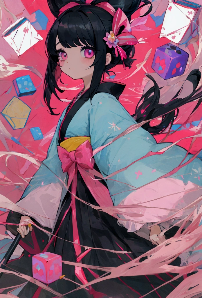 una chica anime de ojos rojos, black hair with pink highlights with small hair bow with small blue and yellow cubes decoration on the bow, en el lado derecho de la cabeza. Ella viste un kimono de color rosa. Camina en un festival de verano con ellos