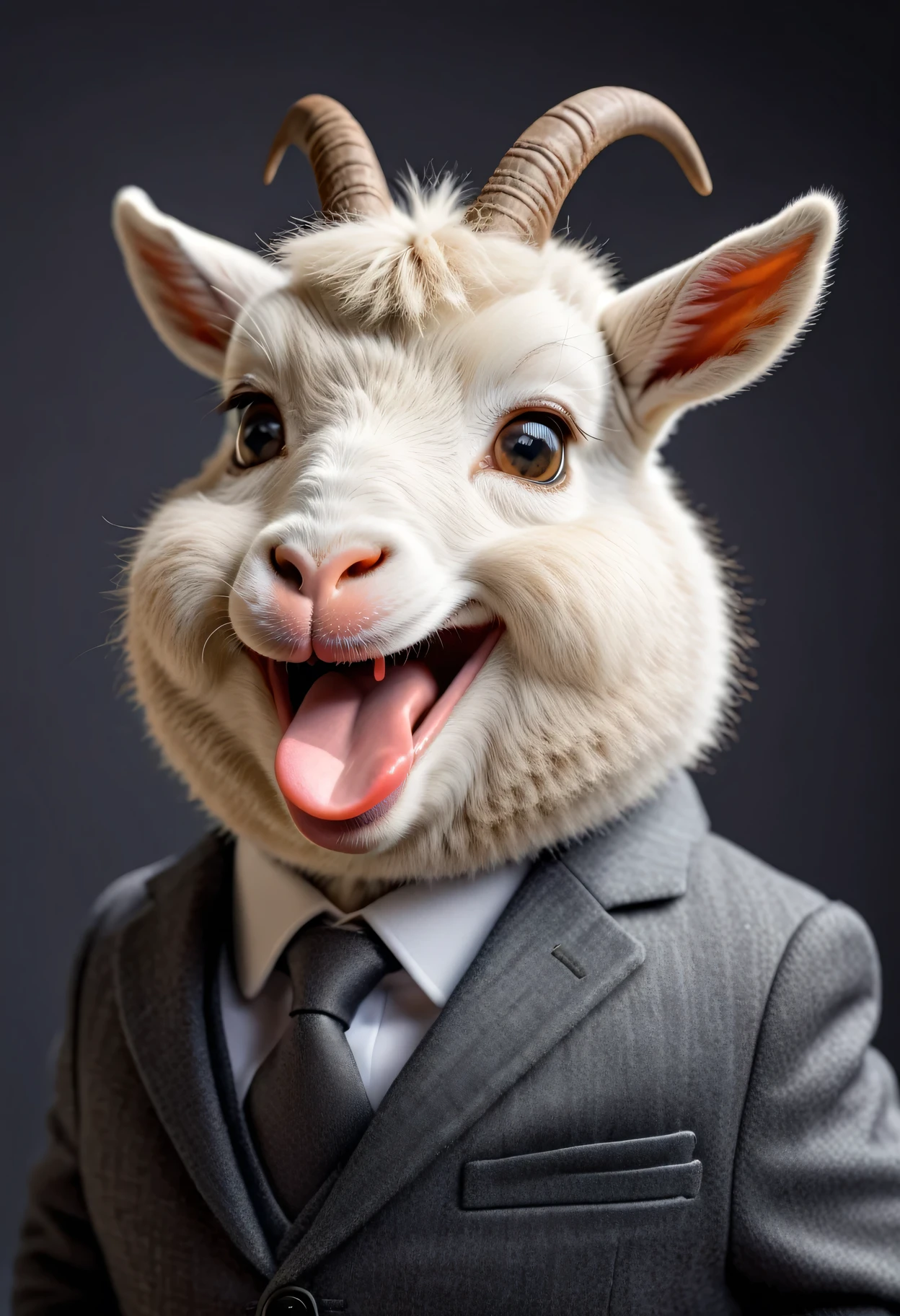 face close up photo of anthropomorphic [fat] cute goat,(furry), dressed in a dark gray suit, (sticking out tongue:1.5),(happy smile:1.5),(Innocent), soft lighting, Cinematic, hdr, primitive, Intricate, High quality, smoothing tones, Intricate details, Low contrast,(viewed from side:2.0), (looking to the side:1.2), simple background