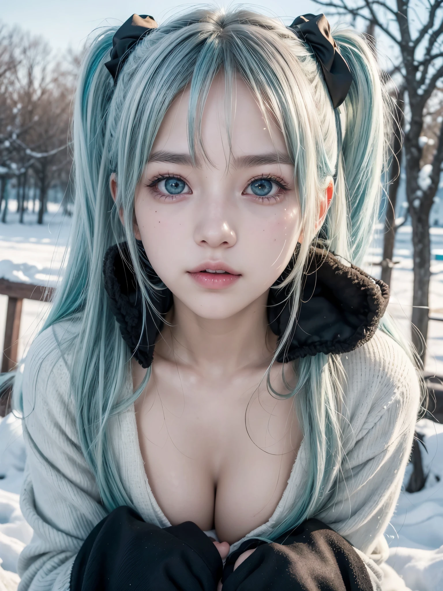 Hot Hatsune Miku、pfotorealistic, Highresolution, 1 woman, white-haired, Korean, Heterochromia eyes, Small moles under the eyes,outdoor、black winter wear, big tits, blush