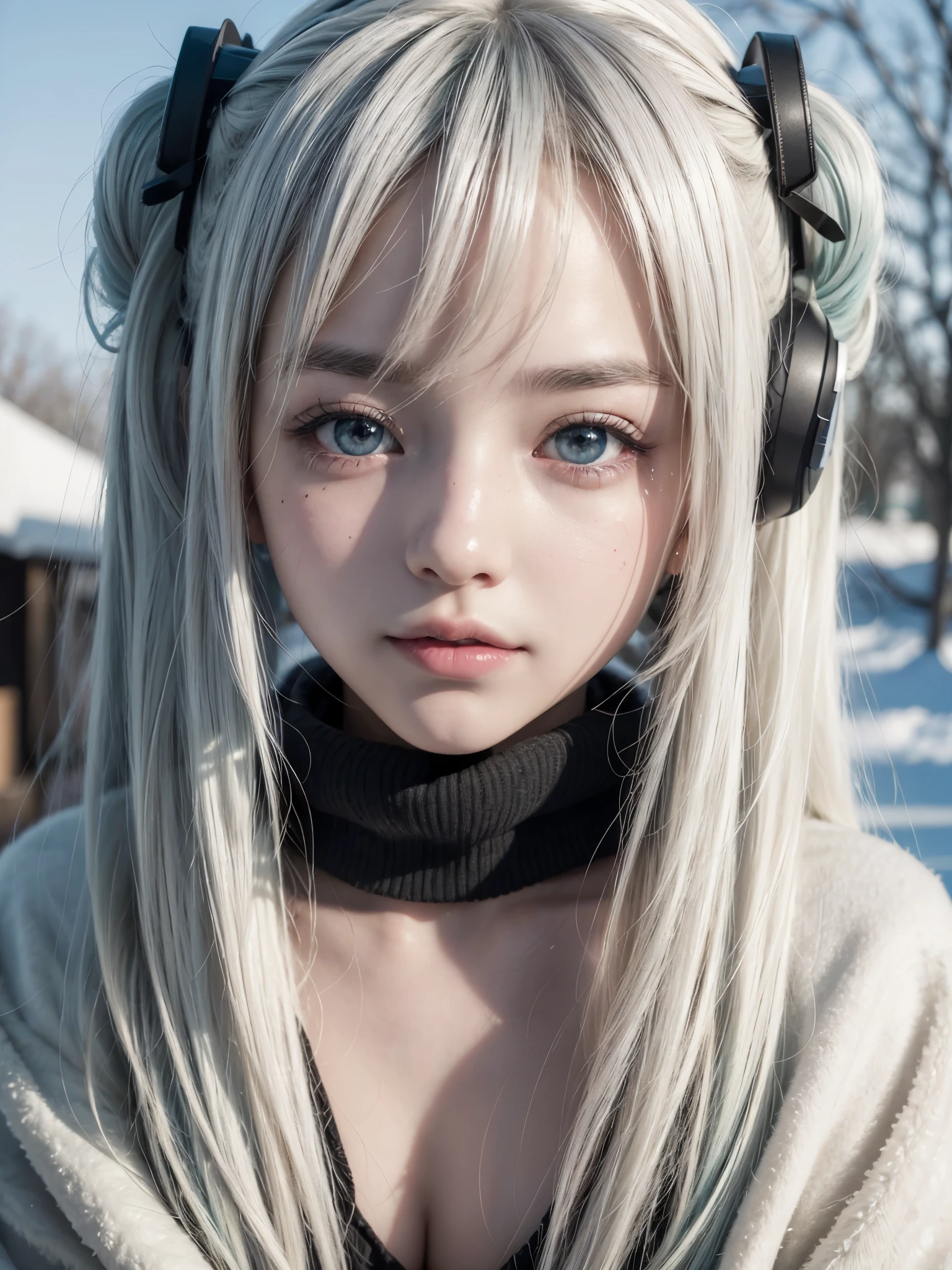 Hot Hatsune Miku、pfotorealistic, Highresolution, 1 woman, white-haired, Korean, Heterochromia eyes, Small moles under the eyes,outdoor、black winter wear, big tits, blush