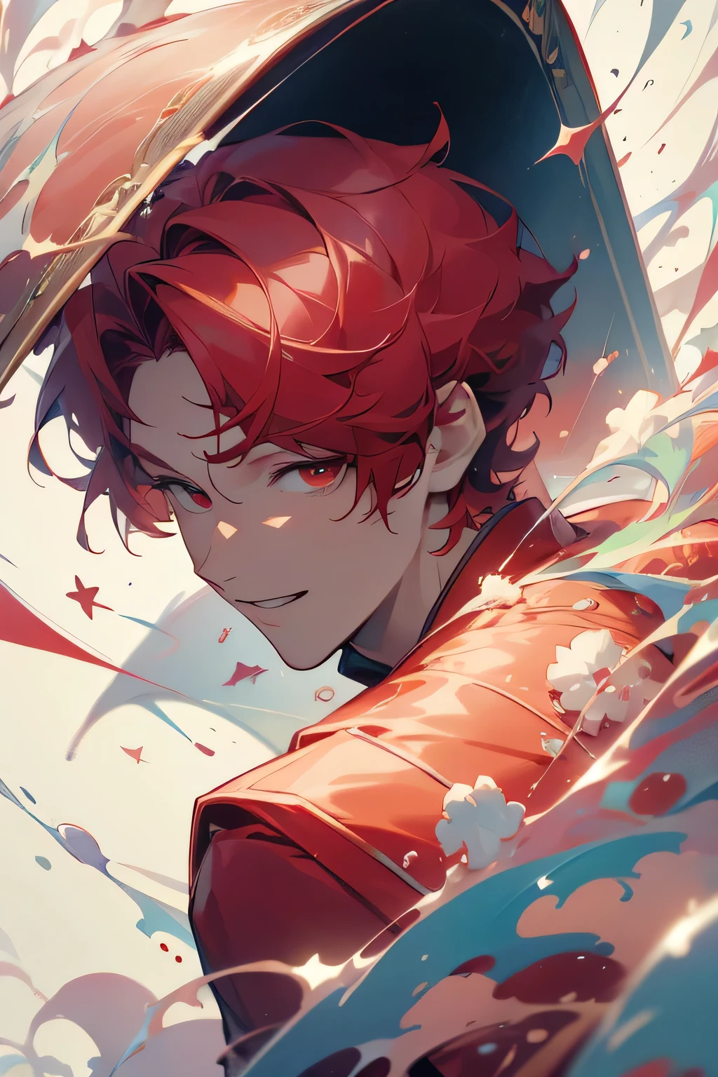 Masterpiece, highres, best quality, solo, 1 male, short hair, red hair, red eyes, red coat, smile facial, pastels, blood, ted flowers