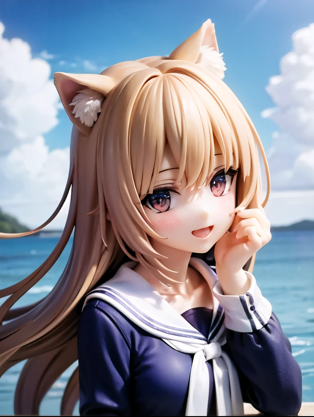 1 Girl, animal_ear_Brushed, animal_ears, Bangs, blue_bow, blush, bow, bowtie, Brown_hair, Cat_ears, hair_between_Eye, hair_bow, hand_up, long_hair, long_sleeve, Open it_Mouth, paw_posture, Red_bow, 水hand_collar, School_, Setofuku, shirt, simple_background, Smile, Solitary, explain_squiggle, squiggle, upper_Body, White_background, White_shirt, girl floating on the ocean,looking at viewe