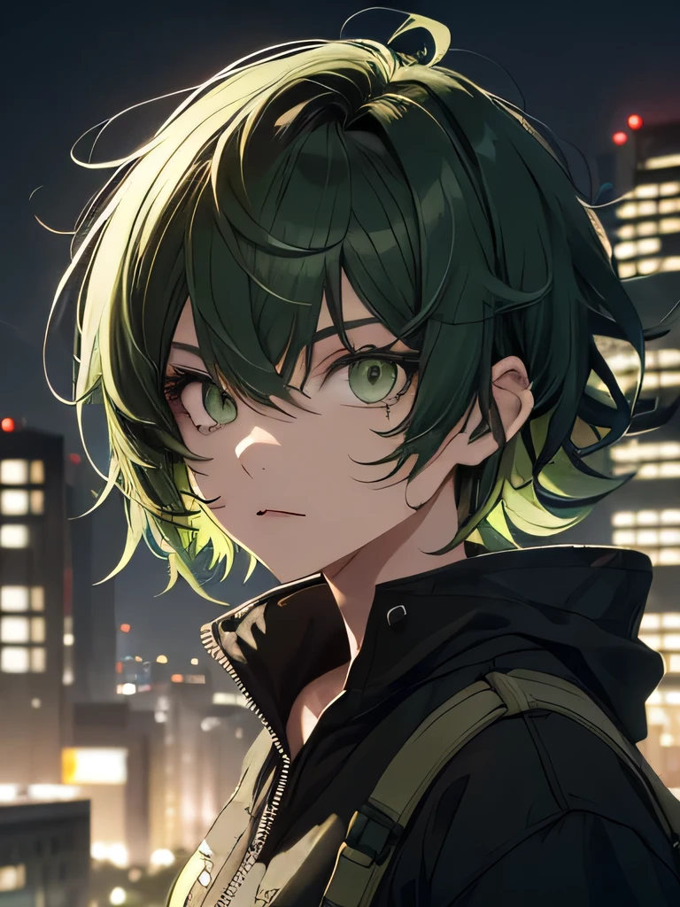 Tomboy girl, bangs, ((wolfcut layer hairstyle))((green hair)), ((messy hair)), short hair, ((green eyes)), seriously face, black shirt, night city in background, light brown skin