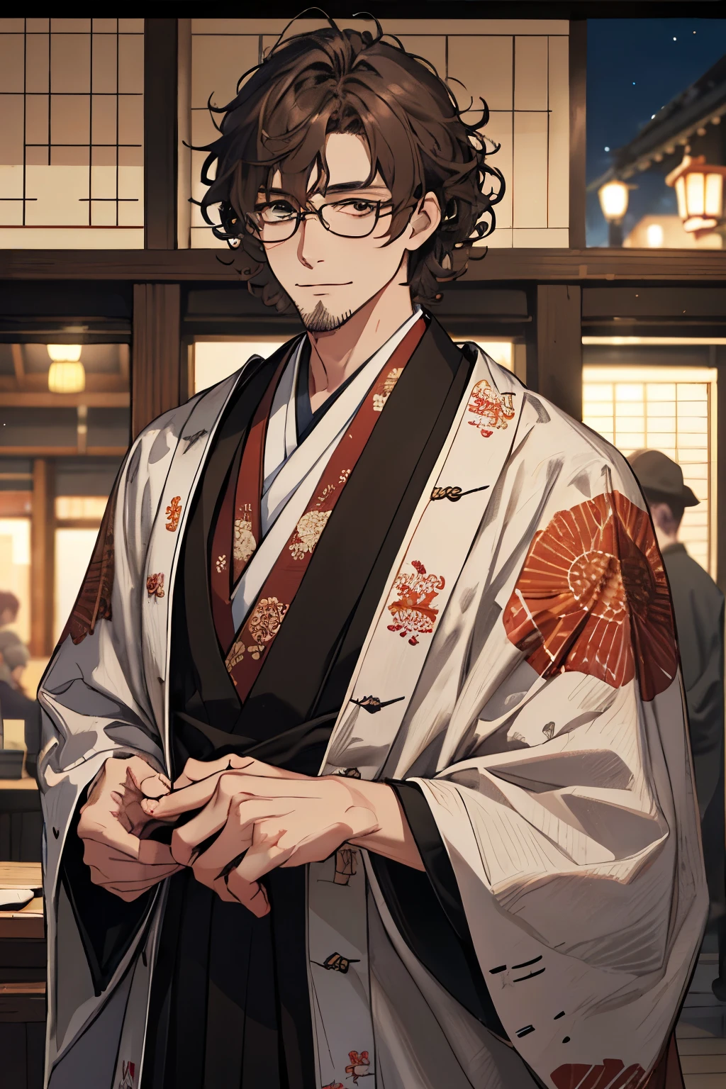 48 years old, (1 person:1.3), Warm Skin, Kind eyes, Mature Face, All-night, Short brown hair, Face focus, Adult,Tired smile, highest quality, Facial details, whole body, Lean body type, Glasses, Shaggy Hair, (Perm:1.1), Middle Hair, front, Masterpiece, representative work, (Thin beard:0.9), goutee, Front, tall, Elevation, front向き, Character portrait, Taisho, Cowboy Shot, Knee, Hakama, Plain background, Patterned jacket, Hip Up, Hunchback, Put on the cloak, (looking to forward:1.1), Shogi player