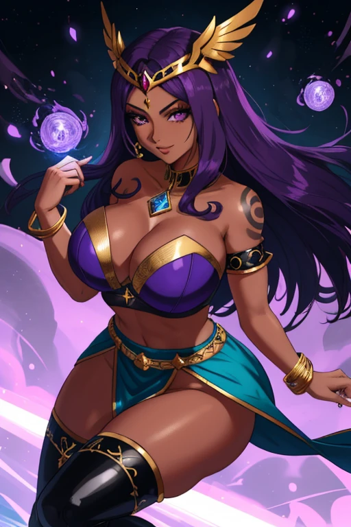 grand Unity Engine, elegant, birds-eye-view shot of a Soothing Paradoxical electric purple Regency, it is engraved with Extraordinary and Neon details, it has intricate details, highly detailed, solo, 1girl, 25 year old woman, Sorceress, Fantasy, (Dark Skin:1.4), Purple eyes, Purple Hair, Pink Hair, Long Hair, covered in tattoos, (Wearing: strapless top, loincloth, golden bracelets, golden head piece, knee high boots:1.2), looking at viewer with an amused smile, both hands glowing bright purple, purple magic, bright purple sparks in both hands, standing, shallow depth of field, Dynamic, Grim, Knightcore, Light and shadow plays, F/1.8, Kodachrome, vignette, bold lettering, trending on artstation, ultra high res, intricate details, lavish