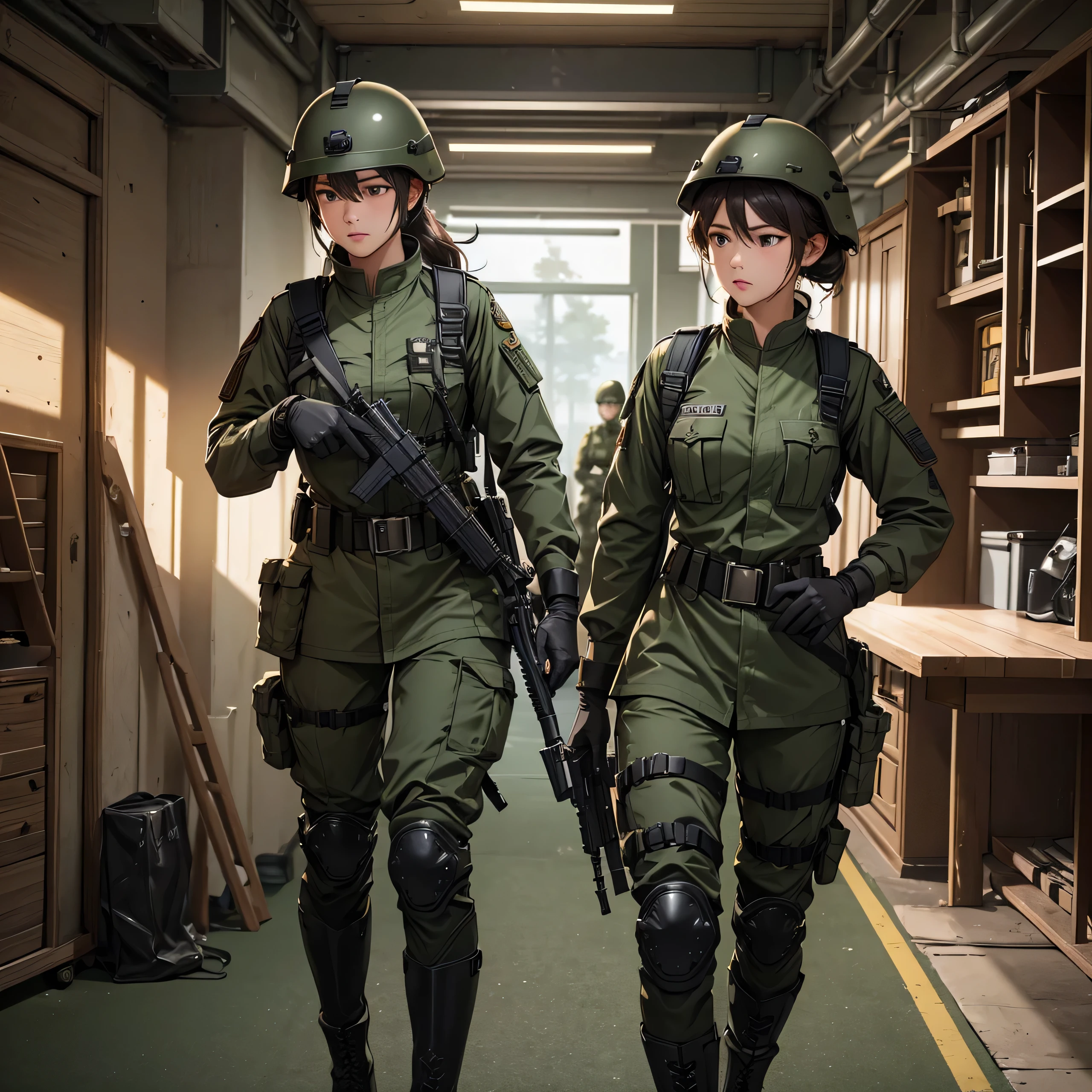 First-person perspective，Three female soldiers wearing helmets，Dark green military uniform，brown belt，Black boots，Interior corridors，Tactical gloves，Tactical harness，Write details、masterpiece、best quality、Highly detailed CG、8K picture quality、theater lighting、lens flare