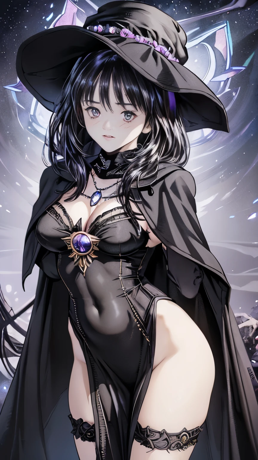 (Fatal Beauty,A charming villain,witch) ,(A supple and powerful physique),(Sensual charm),(Mysterious charm:1.1),(Captivating silhouette),((((Glasses))))、((((big sapphire necklace))))、(highest quality,High resolution:1.2),(dark,Threatening:1.1),((dark horror theme:1.5),(Thriller:1.5)),(Dark fantasy:1.5), (((Countless stars fly away:1.5),(Absurd:1.5),(wonderful:1.5))),Woman in a dress, (Powerful numbers:1.1),(((Big Breasts))),(((Muscular:1.1))), cute face, Sexy Face, , Very detailedなbeautiful女の子, (Ideal body type:1.8), Very detailed faceexpressive lips, (とてもbeautiful、Crisp big eyes:1.5), Fine skin., All features are shown in detail., The outline of the fingers is beautifully drawn....., The nose is precisely shaped., expressive lips, Perfect Anatomy,cute、Realistic、(Front view:1.4),(Face Focus:1.3), realistic girl rendering, 8k artistic german bokeh, Enchanting girl, Real Girls, Gurwitz, Gurwitz-style artwork, Girl Roleplay, Realistic 3D style, cgstation Popular Topics, 8K Portrait Rendering,(truth,truth:1.4),Sexy Body,( Very lean body:1.6),Sexy pose, blush, Attractive body, Very curly hair, Purple Curly Hair, very big hair, Very curly hair, prime color,Urban,Very detailed,masterpiece,Intricate details,Faded,Very detailed, Eye for details,Intricate details,暗くてSpooky atmosphere, Spiritual Beings, Unforgettably beautiful, Ghostly figures, Shadow-like shape, Spooky whispers, Ominous Aura, Goth Maiden, Like dazzling fur in a starless haze,Her Mogul Snaps, Mysterious Cemetery,Black hair swaying in the moonlight, She summons darkness, (beautiful: 1.7), (Black Hat: 1.6), (An intricately decorated jet-black cloak: 1.6), (Delicately decorated cloak, Despite the damage: 1.5), Hypermaximalist, Breathtaking oil paintings, Surreal, Ultra-realistic digital illustrations that mimic the style of oil paintings, wonderful構成, (Shining Eyes:1.6)、(Glowing Eyes:1.1),(hellish landscape:1.1),(fire,sulfur:1.1),(Threatening atmosphere:1.1),(dark shadows,Threatening presence:1.1),(Unlucky Clouds,Stormy Skies:1.1),(dark,Spooky atmosphere:1.1),(Aura of misfortune,Evil energy:1.1),(dark aura,cigarette:1.1),(Extreme heat,Burning Flames:1.1),(Nightmare Visions:1.1),(Predicting the end:1.1),(Whispers of misfortune,Devilish Laugh:1.1),(Cry of pain,echoing screams:1.1),(Bad luck symbol,Ancient runes:1.1),(Mysterious Relic,dark art ifacts:1.1),(Infernal Ritual,Ritual sacrifice:1.1),(Eternal Ruin,A hopeless existence:1.1), Inspired by abandoned mech backgrounds. Art created by Craig Mullins, Necrostyle., Detailed Description, Futuristic sci-fi scene. Focus on SFCon