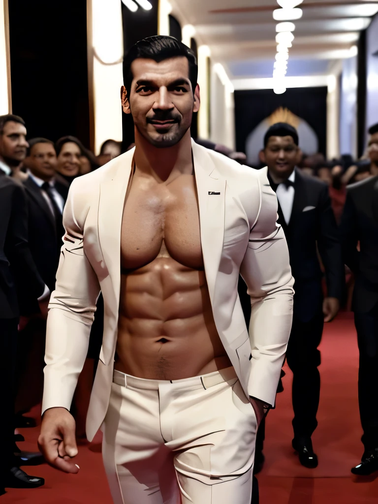 John abraham goes shirtless in front of crowded people on Red carpet. He just wear the suit without Shirt inside. He smile