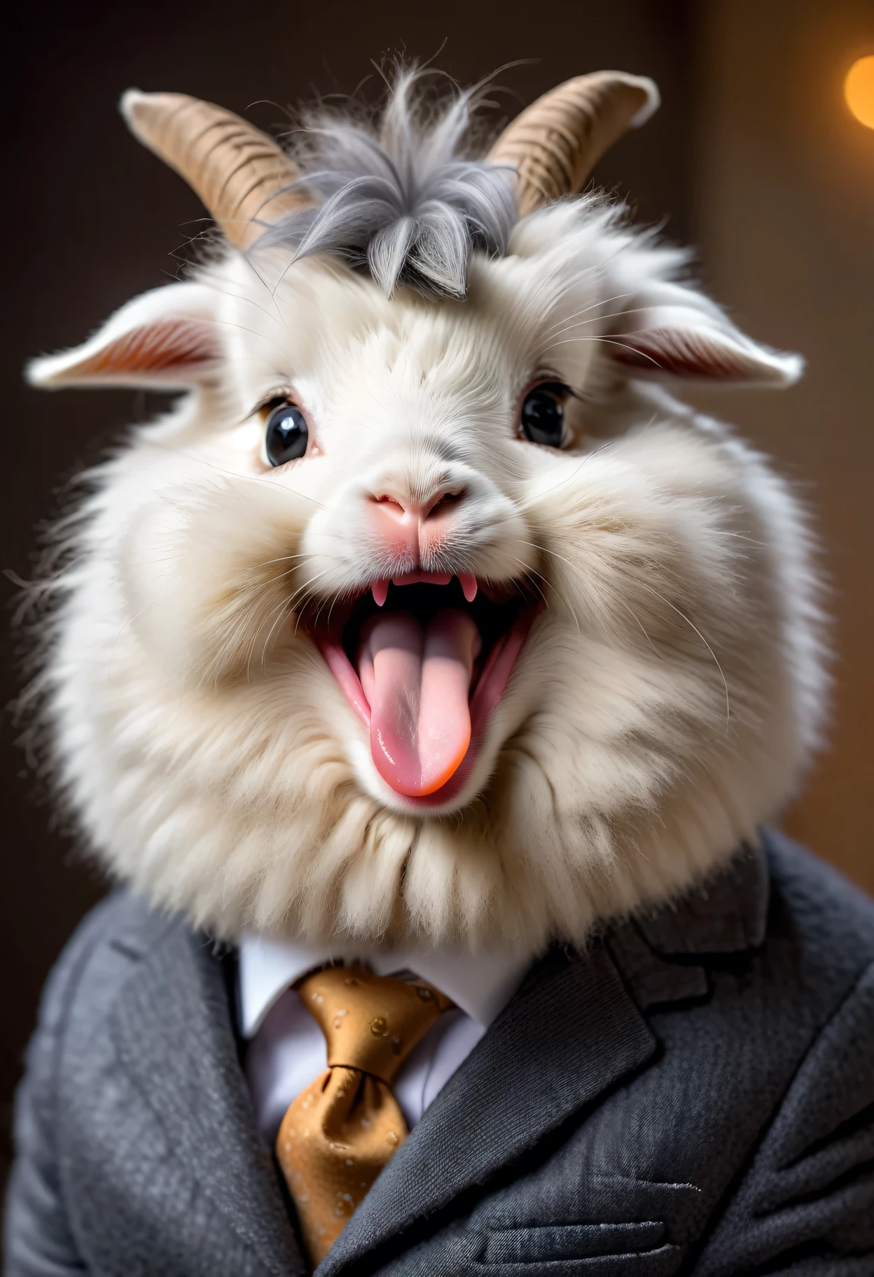 face close up photo of anthropomorphic [fat] cute angora goat,(furry), dressed in a dark gray suit, (sticking out tongue:1.5),(happy smile:1.5),(Innocent), soft lighting, Cinematic, hdr, primitive, Intricate, High quality, smoothing tones, Intricate details, Low contrast,(viewed from side:2.0), (looking to the side:1.2), simple background