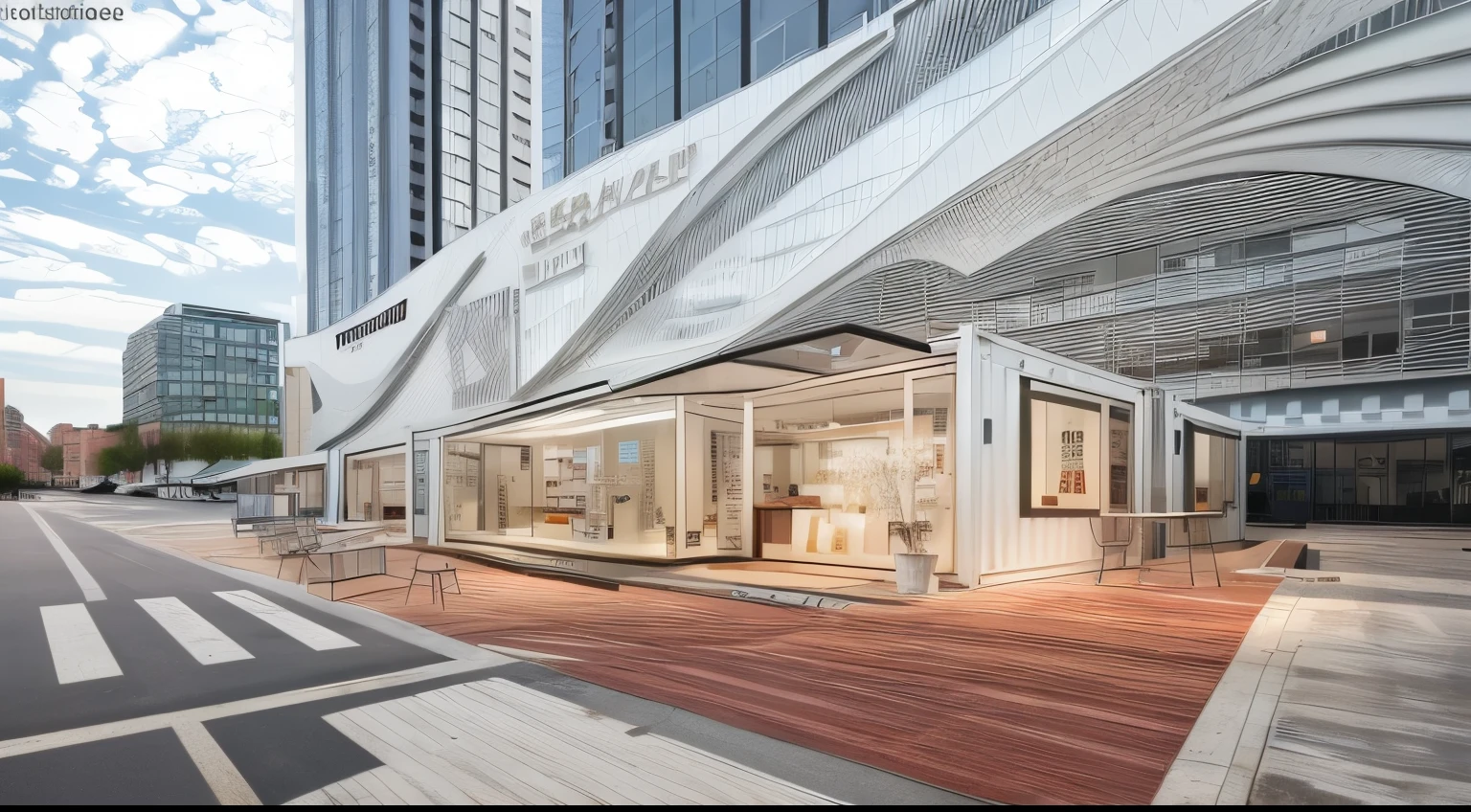 HD,Outdoor shopping street,White shipping container,Glass curtain wall,reality