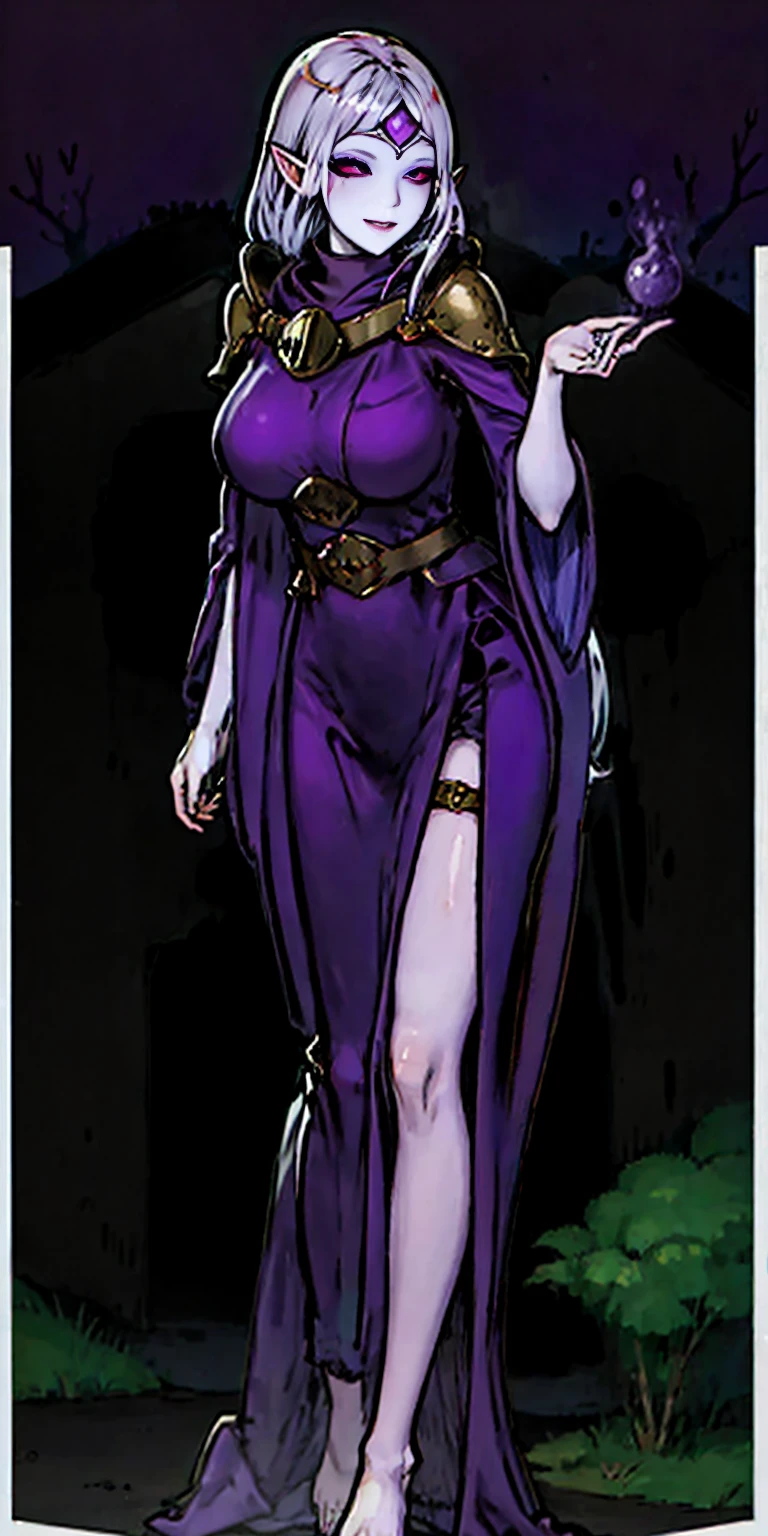 Body position: Standing, straight, symmetrical, barefoot, Lustful smile on face with red blush, 2 girls who gets married and stands in front of many people, kissing, purple skin drow elves (Female drow elf chest covered very purple skin)(smile) pale golden hair and violet eyes. They prefer clothing of white and silver with cloaks of deep blue or purple, village background, huge knockers, ((very precise detailed)), ((high res)