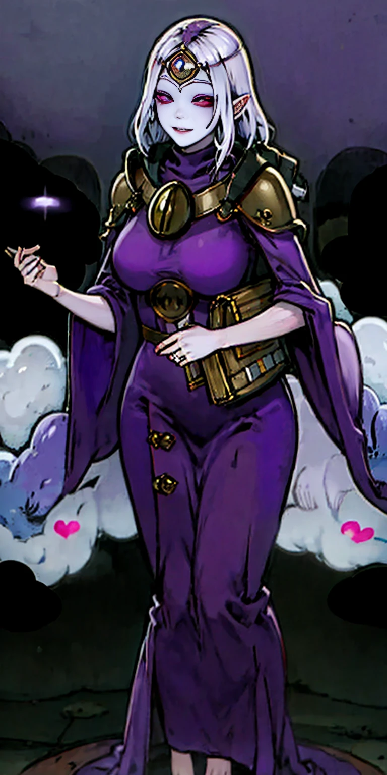 Body position: Standing, straight, symmetrical, barefoot, Lustful smile on face with red blush, 2 girls who gets married and stands in front of many people, kissing, purple skin drow elves (Female drow elf chest covered very purple skin)(smile) pale golden hair and violet eyes. They prefer clothing of white and silver with cloaks of deep blue or purple, village background, huge knockers, ((very precise detailed)), ((high res)