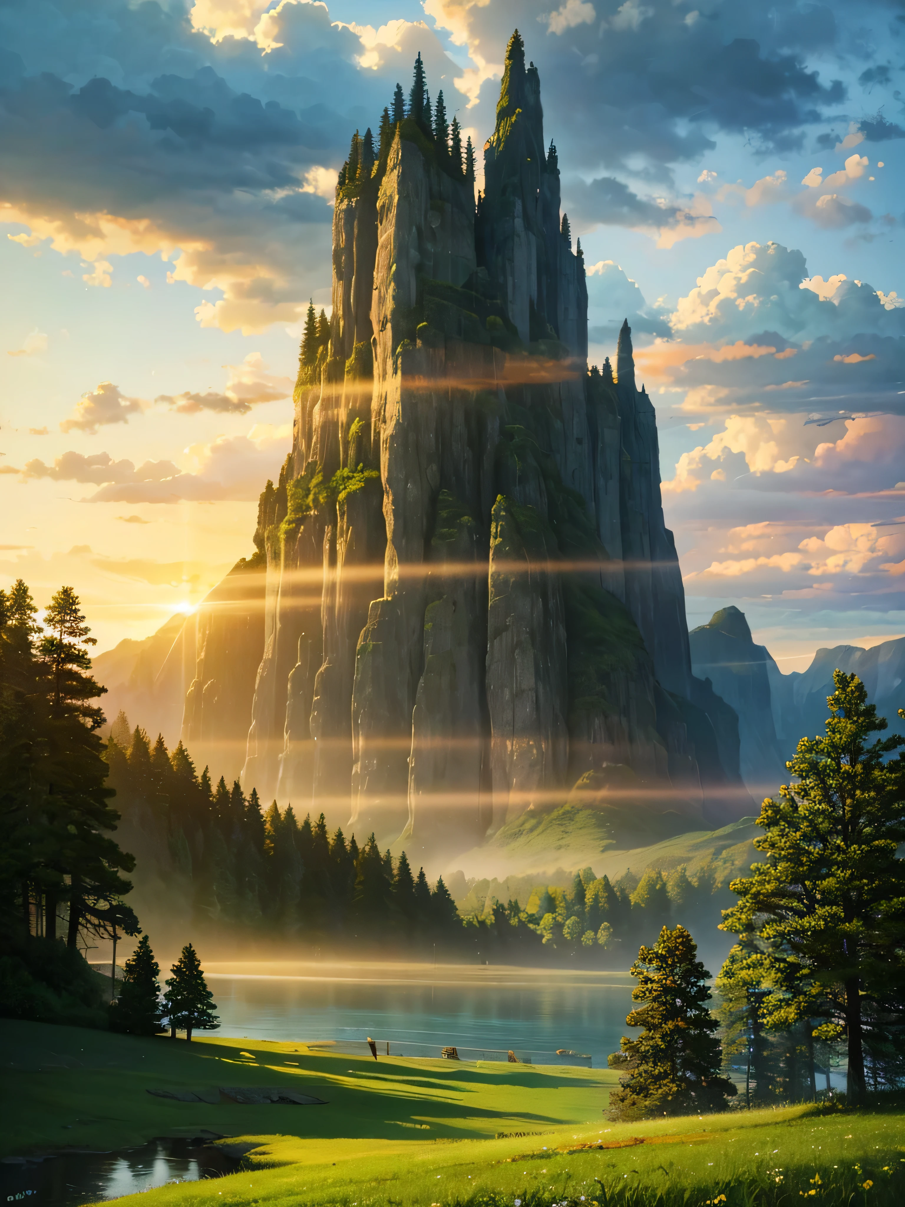 a beautiful sunrise painting over a serene lake, dramatic clouds, sun rays, fog, lush green trees, detailed landscape, golden hour, dramatic lighting, vibrant colors, realistic, photorealistic, 8k, best quality, highly detailed, intricate details, cinematic, epic scale, stunning scenery, breathtaking, masterpiece, anime 