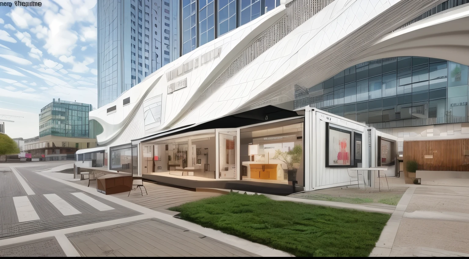 HD,Outdoor shopping street,White shipping container,Glass curtain wall,reality