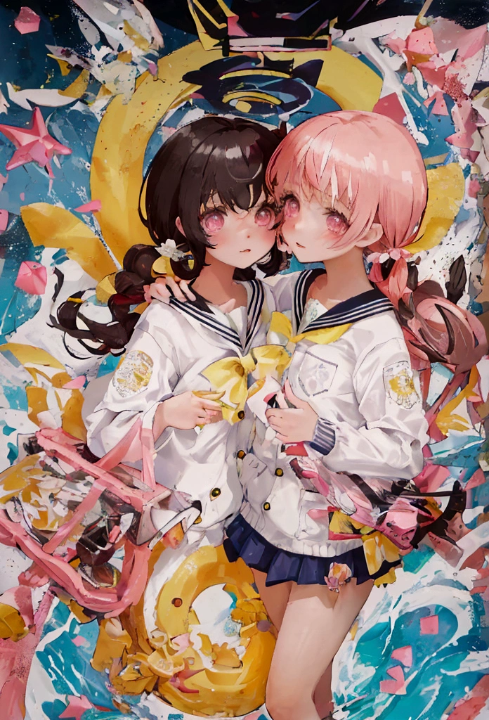 una chica anime de ojos rojos, black hair with pink highlights with small hair bow with small blue and yellow cubes decoration on the bow, en el lado derecho de la cabeza. Ella viste un uniforme escolar destrozado por un combate. Se posiciona con su katana con una mirada fiera mientras se envuelve en un aura en llamas