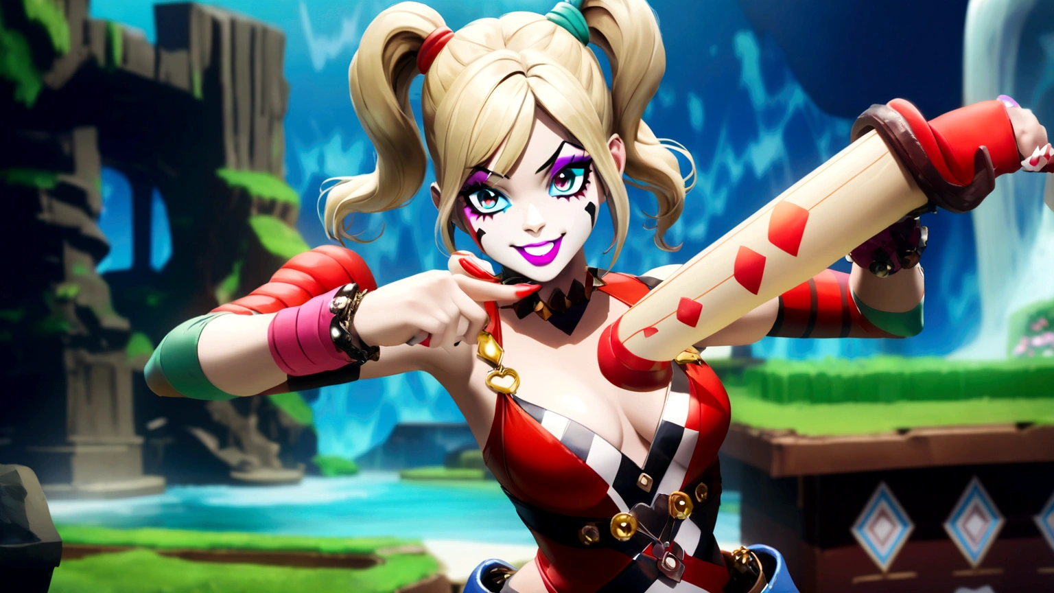 Harley Quinn, 1 girl, very aesthetic, detailed portrait, beautiful detailed eyes, beautiful detailed lips, extremely detailed face, long eyelashes, colorful outfit, red and blue pigtails, clown makeup, mischievous expression, dynamic pose, cinematic lighting, vivid colors, photorealistic, 8k, best quality, highly detailed, intricate details, concept art