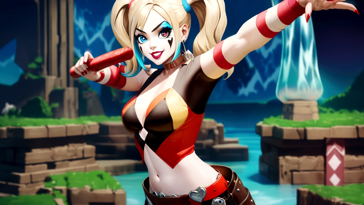 Harley Quinn, 1 girl, very aesthetic, detailed portrait, beautiful detailed eyes, beautiful detailed lips, extremely detailed face, long eyelashes, colorful outfit, red and blue pigtails, clown makeup, mischievous expression, dynamic pose, cinematic lighting, vivid colors, photorealistic, 8k, best quality, highly detailed, intricate details, concept art